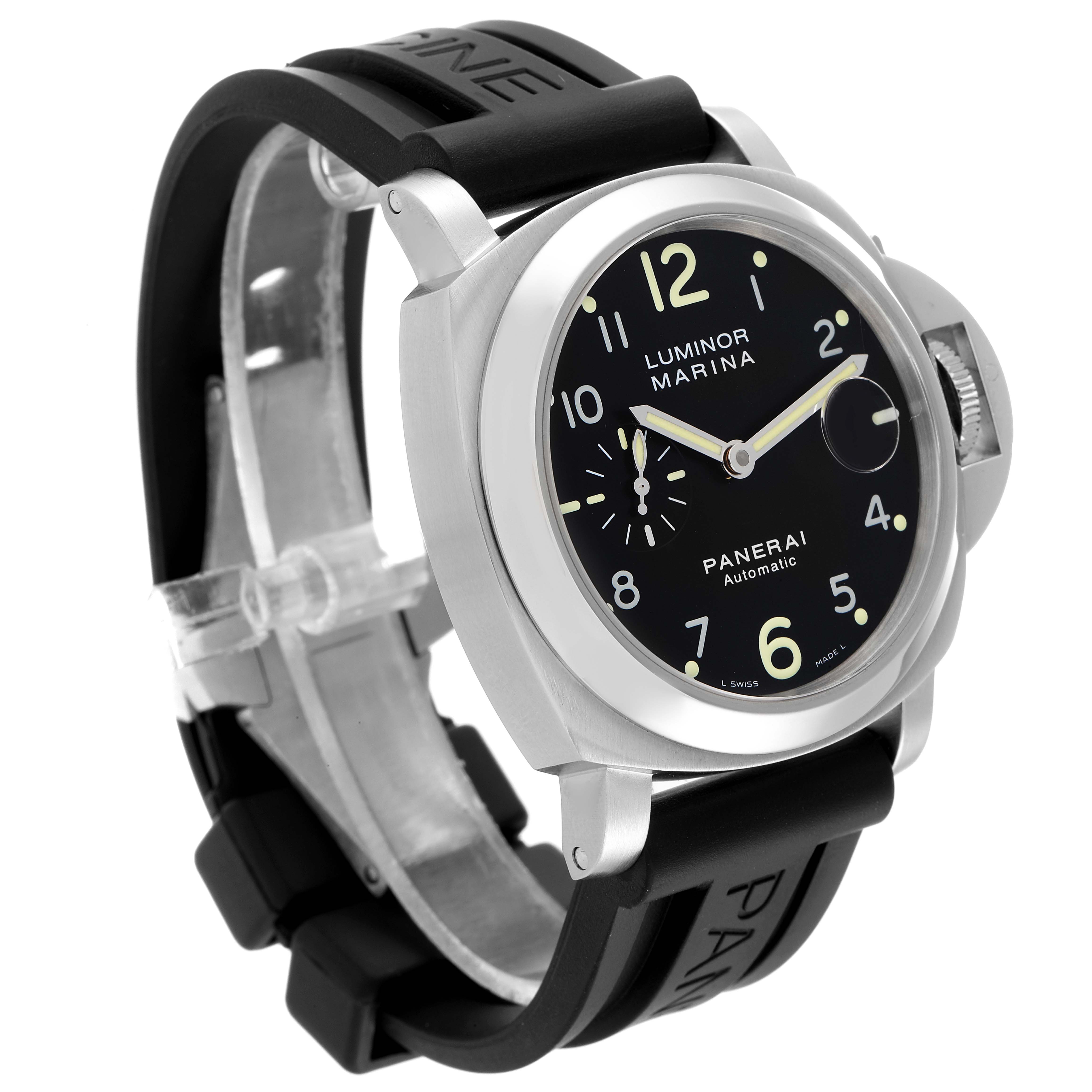 The Panerai Luminor PAM00164 Men
s Stainless Steel Black Dial PAM00164 Men
s Stainless Steel Black Dial watch is shown at a three-quarter angle focusing on the face and black rubber strap.
