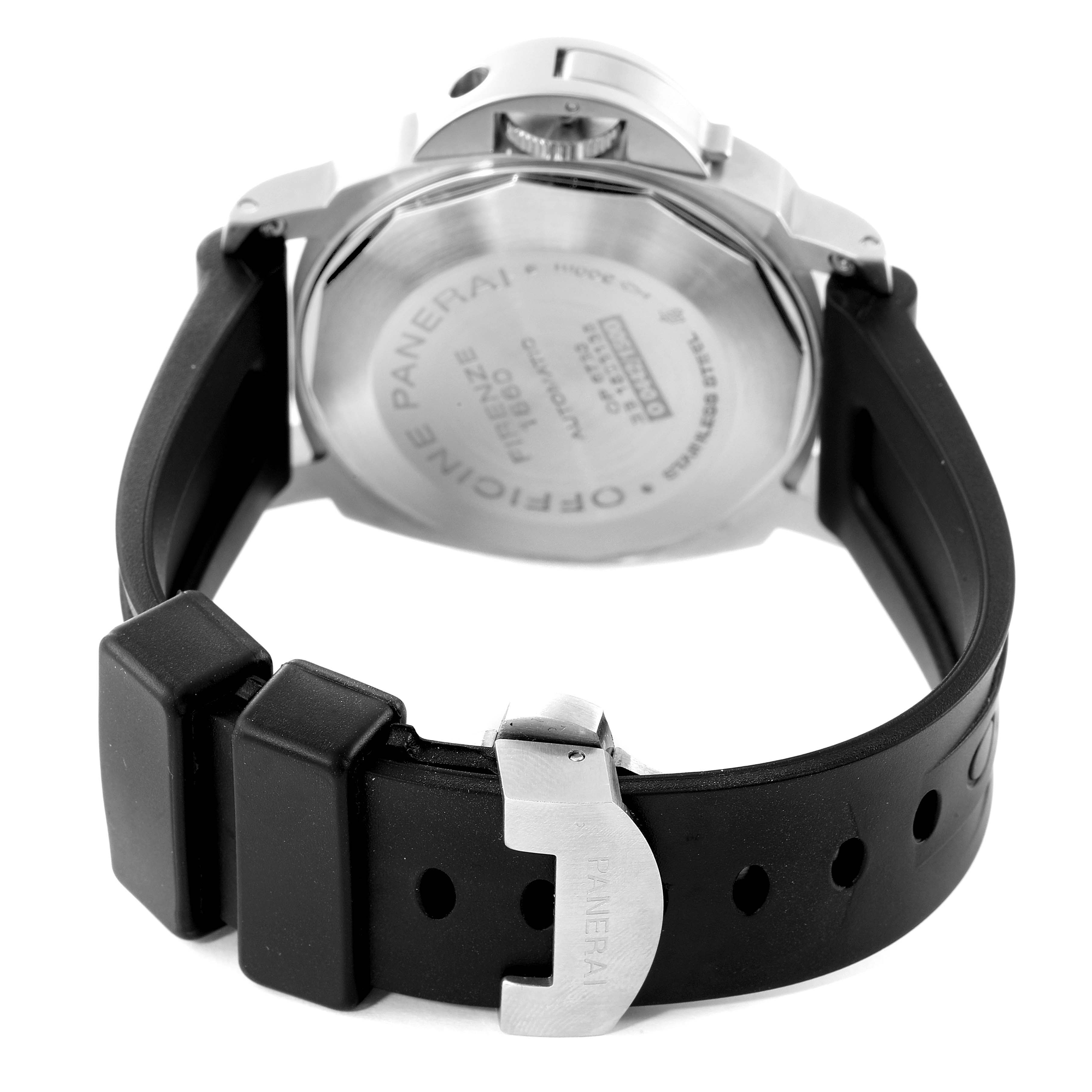 The image shows the back of a Panerai Luminor PAM00164 Men
s Stainless Steel Black Dial PAM00164 Men
s Stainless Steel Black Dial watch with a focus on its case back and strap.