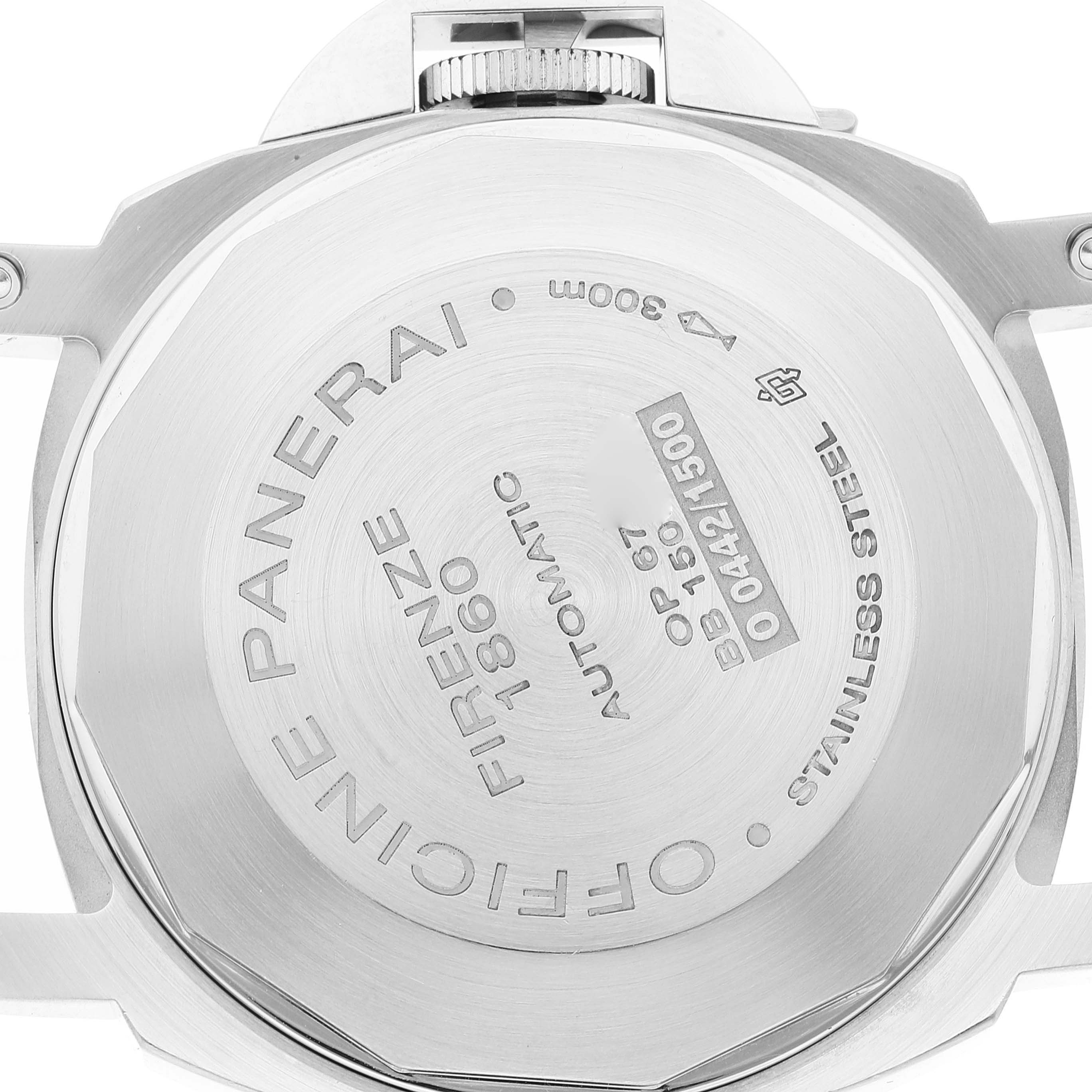 The image shows the case back of a Panerai Luminor PAM00164 Men
s Stainless Steel Black Dial PAM00164 Men
s Stainless Steel Black Dial watch, highlighting its engravings and stainless steel build.