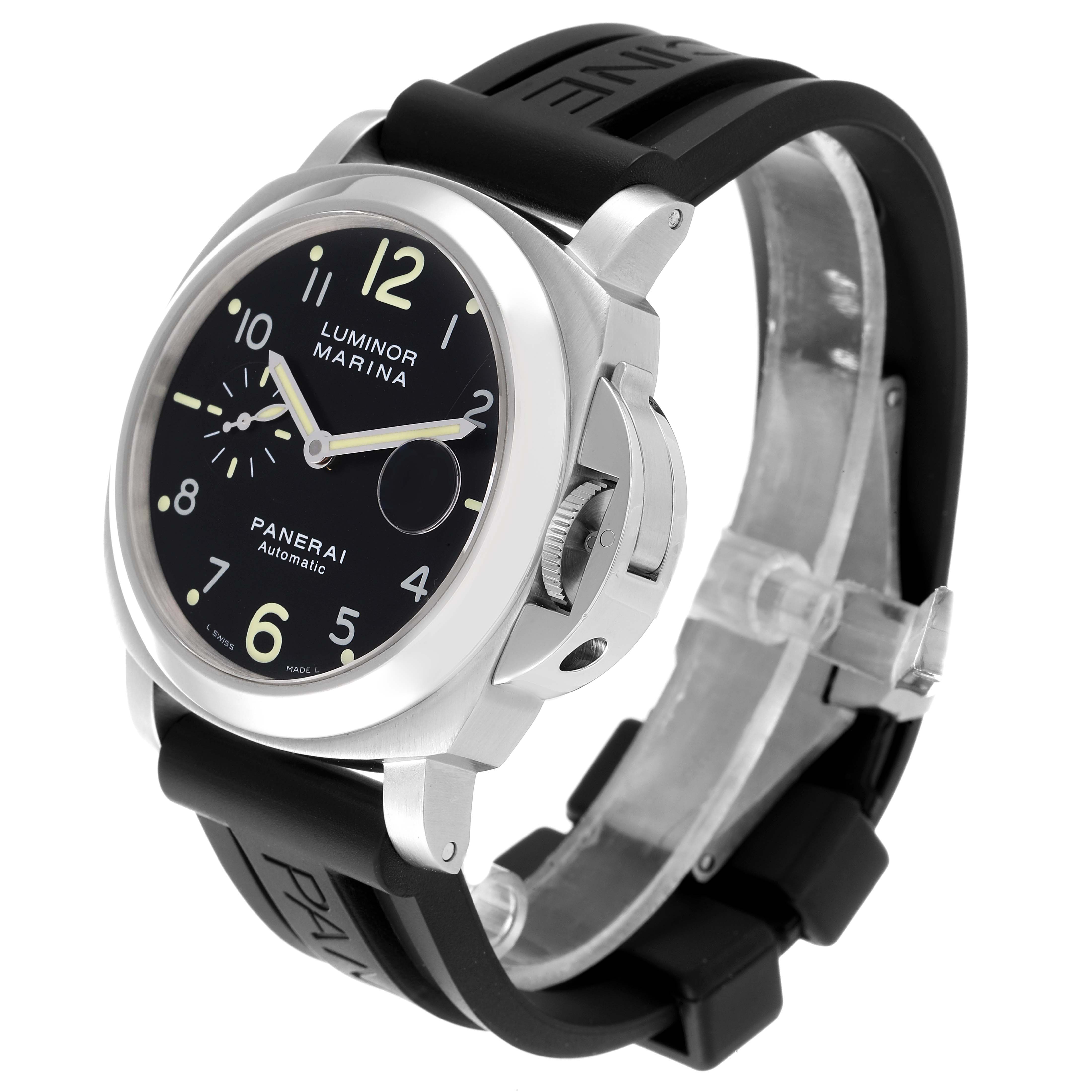 The image shows a Panerai Luminor PAM00164 Men
s Stainless Steel Black Dial PAM00164 Men
s Stainless Steel Black Dial watch from a front angle, highlighting its black dial, casing, and strap.