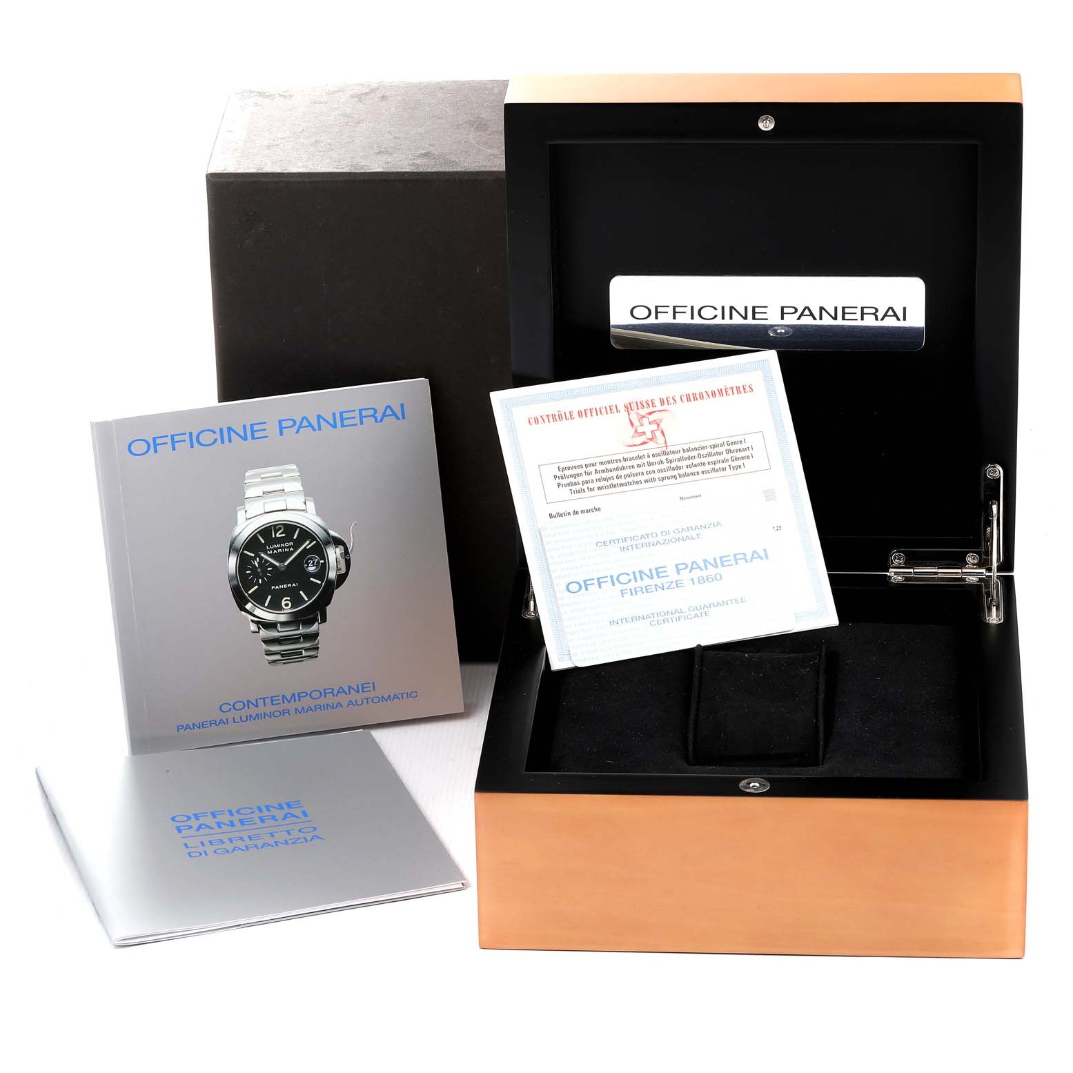 The image shows a Panerai Luminor PAM00048 Men
s Stainless Steel Black Dial PAM00048 Men
s Stainless Steel Black Dial model watch box, manuals, and warranty card.