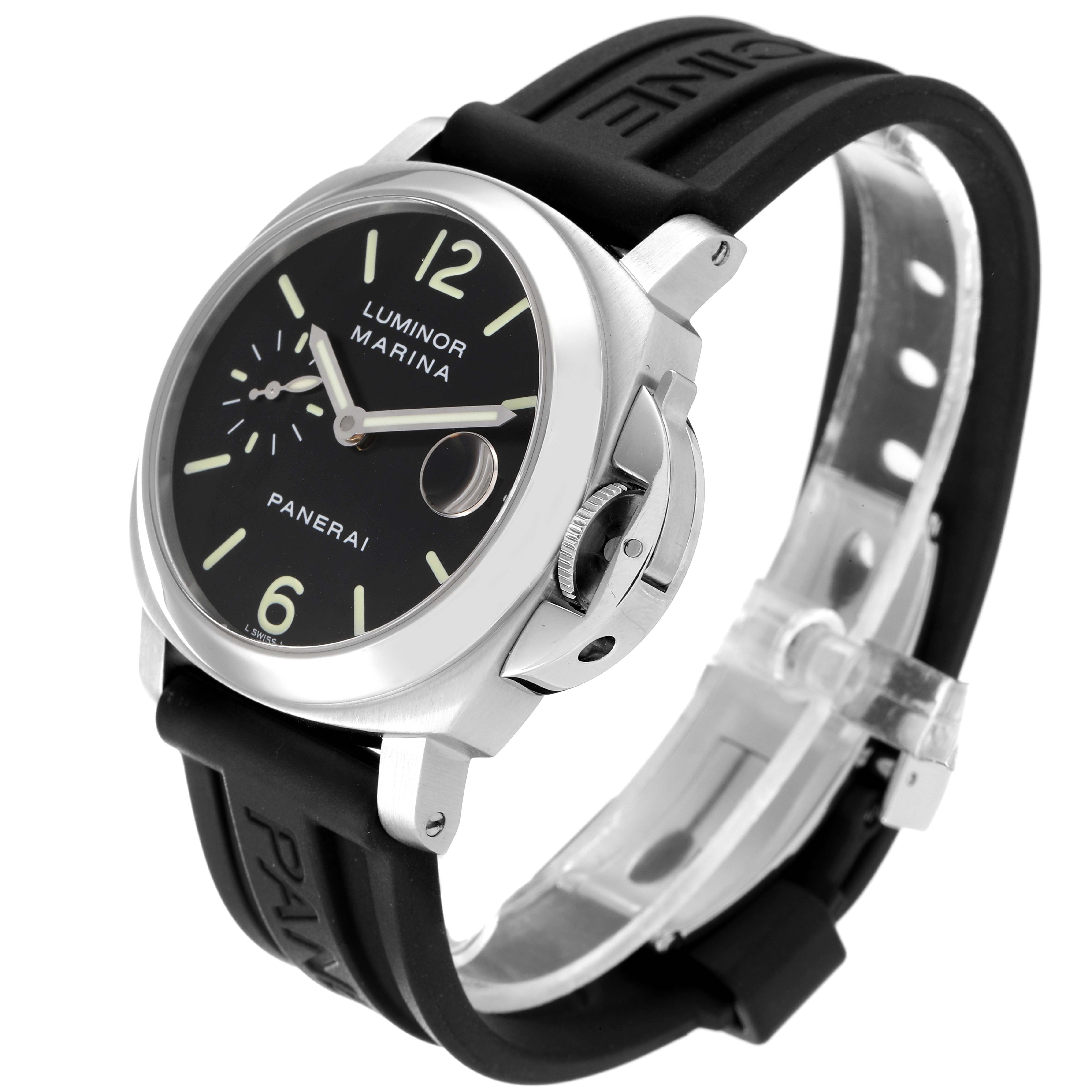 The image shows a Panerai Luminor PAM00048 Men
s Stainless Steel Black Dial PAM00048 Men
s Stainless Steel Black Dial Marina watch from a front-left angle highlighting its face and crown guard.