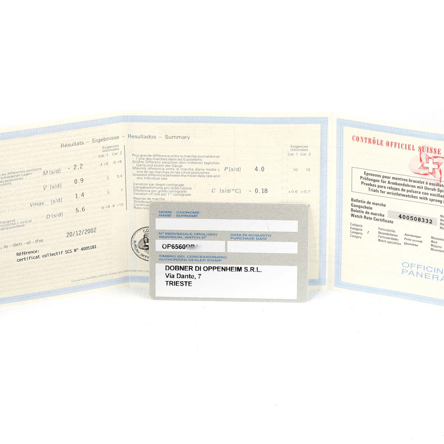 The image shows warranty and Best Quality
ity documents for a Panerai Luminor PAM00048 Men
s Stainless Steel Black Dial PAM00048 Men
s Stainless Steel Black Dial watch, including detailed specifications and dealer information.