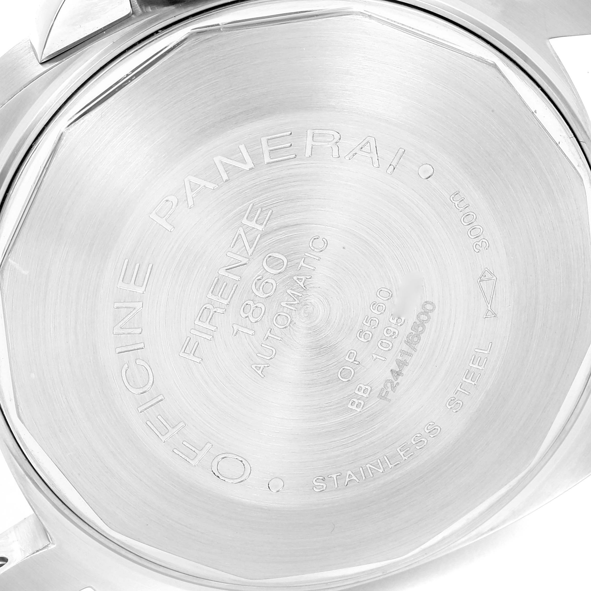 This image shows the engraved back of the case for the Panerai Luminor PAM00048 Men
s Stainless Steel Black Dial PAM00048 Men
s Stainless Steel Black Dial watch.