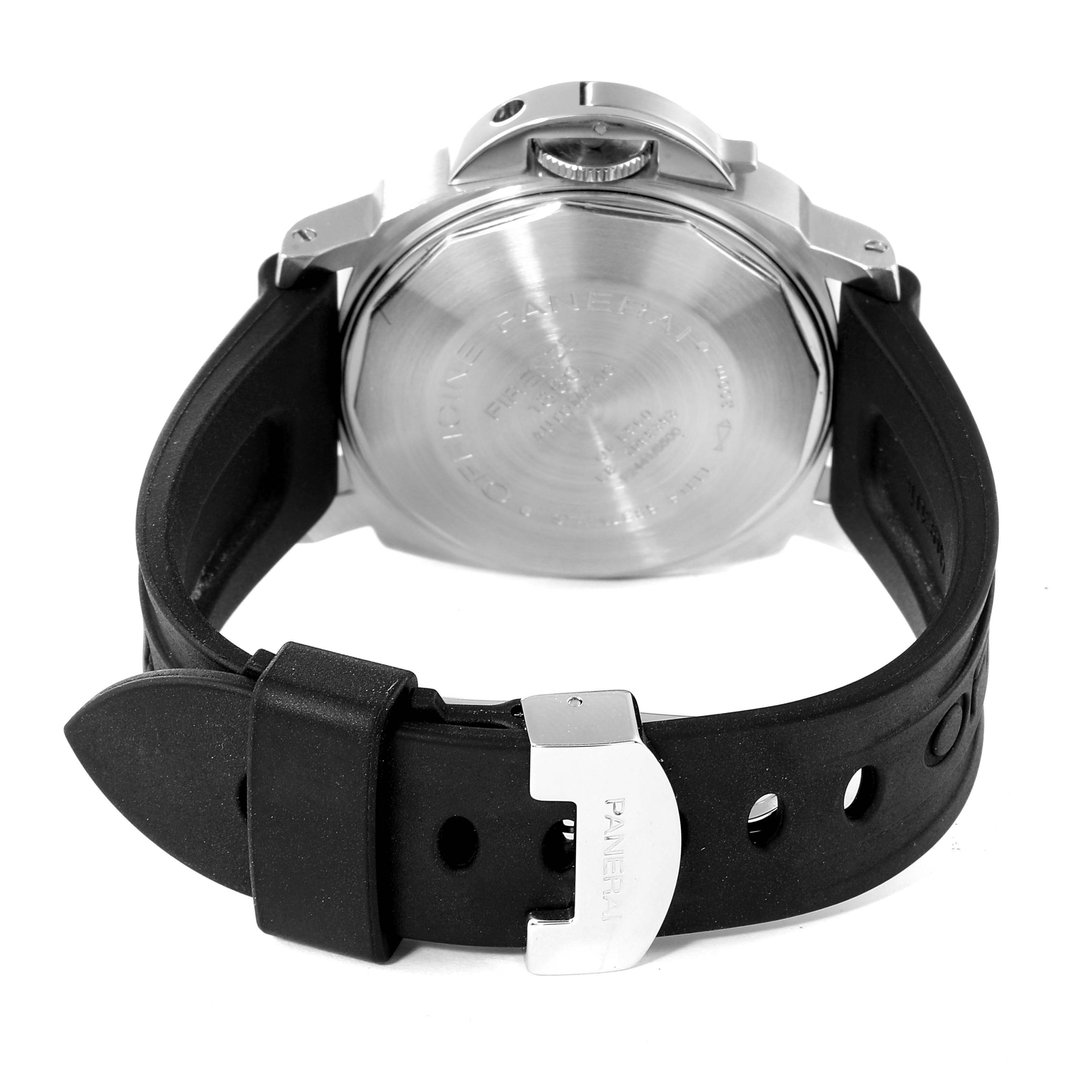 The image shows the rear view of a Panerai Luminor PAM00048 Men
s Stainless Steel Black Dial PAM00048 Men
s Stainless Steel Black Dial watch, highlighting its case back and black rubber strap with the buckle.