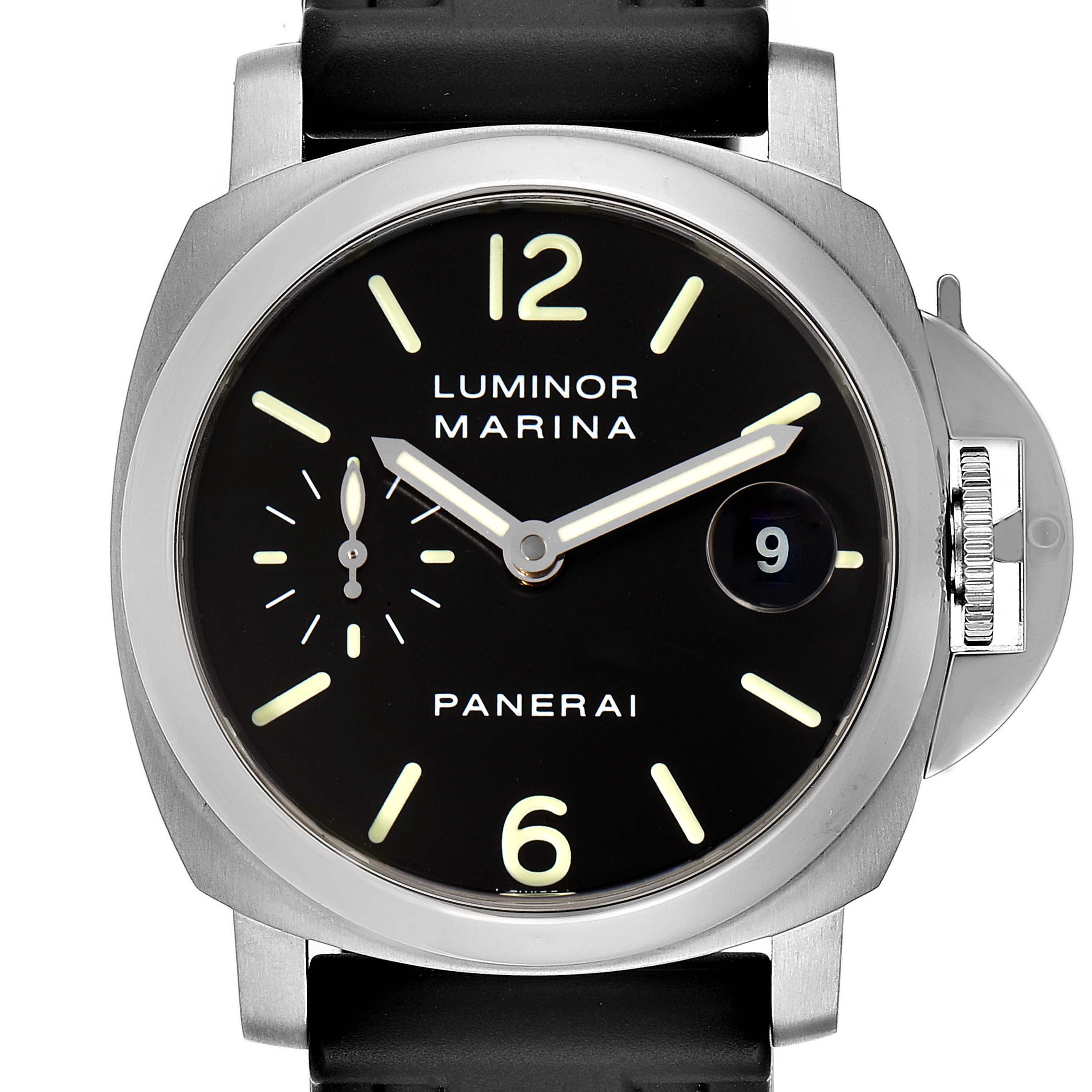 The Panerai Luminor PAM00048 Men
s Stainless Steel Black Dial PAM00048 Men
s Stainless Steel Black Dial watch is shown from a front angle, highlighting its black dial, date window, and crown-guard mechanism.