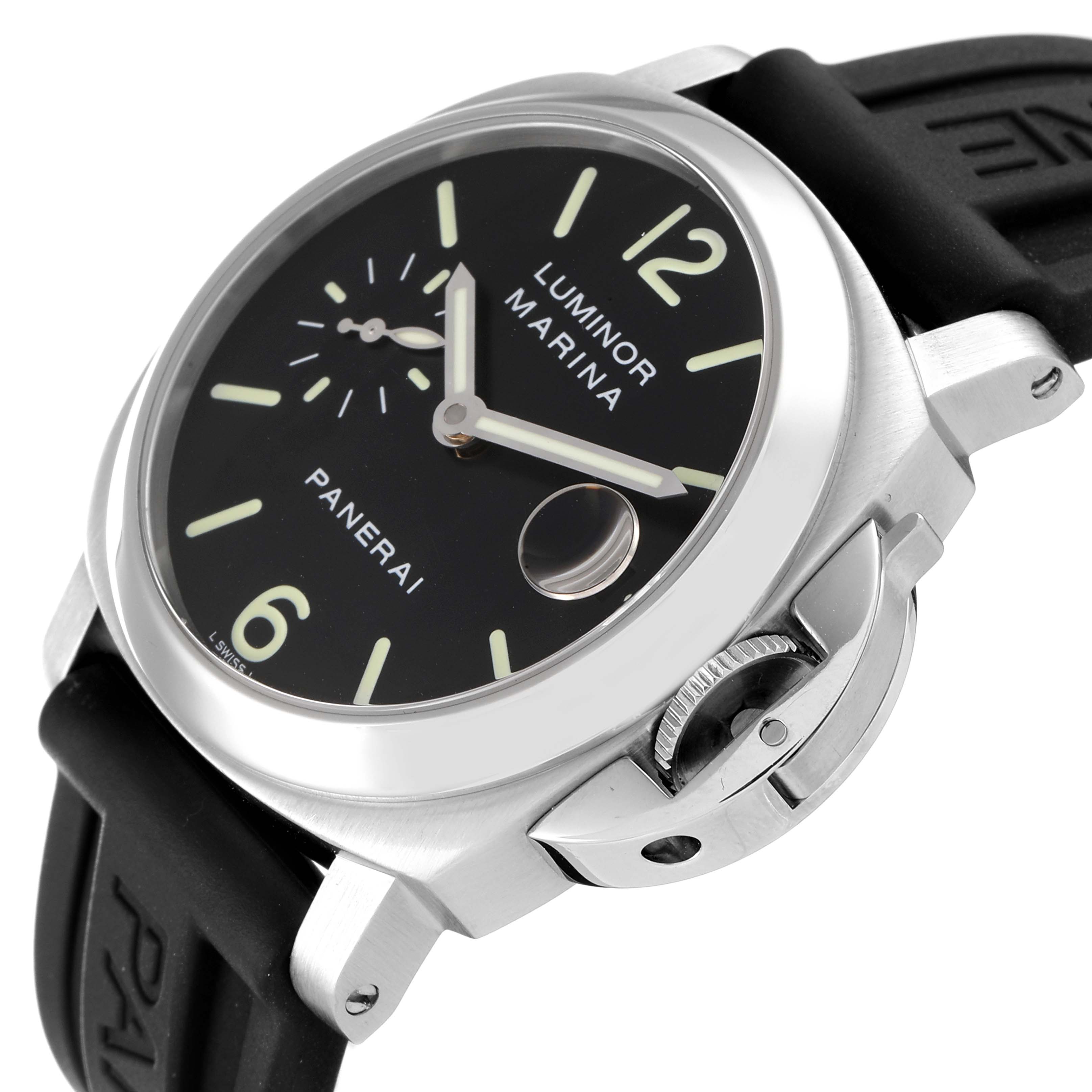 This image shows a Panerai Luminor PAM00048 Men
s Stainless Steel Black Dial PAM00048 Men
s Stainless Steel Black Dial watch at a slightly tilted angle, highlighting the face, crown guard, case, and strap.