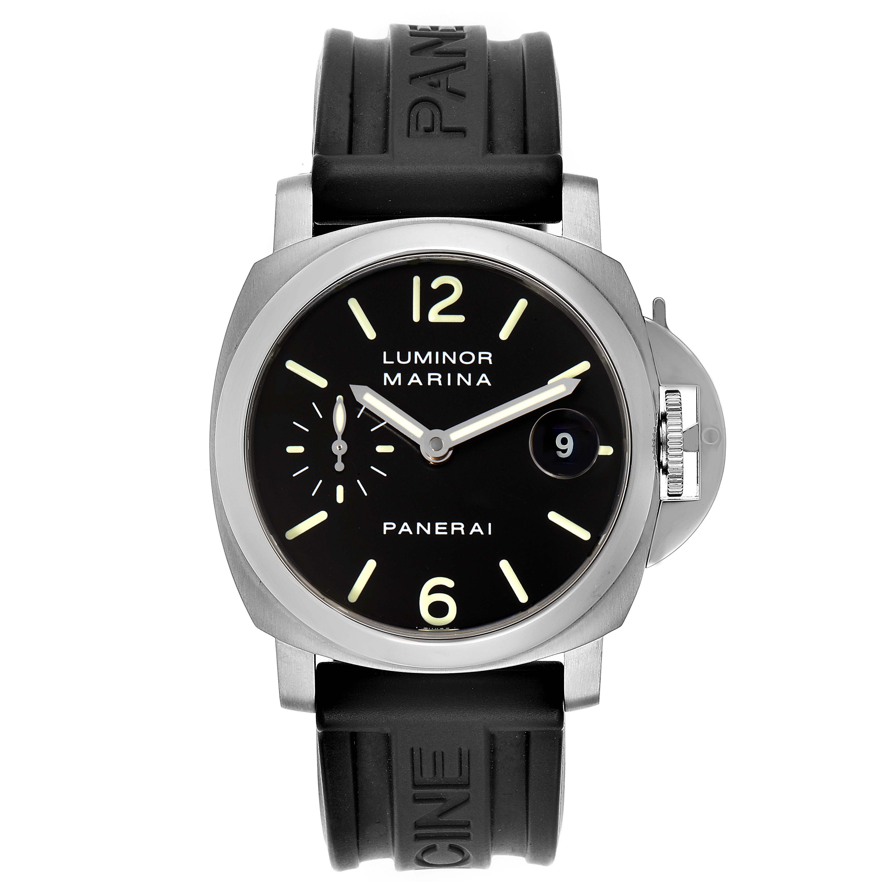 This image shows a front view of the Panerai Luminor PAM00048 Men
s Stainless Steel Black Dial PAM00048 Men
s Stainless Steel Black Dial Marina watch, featuring a black dial and rubber strap.