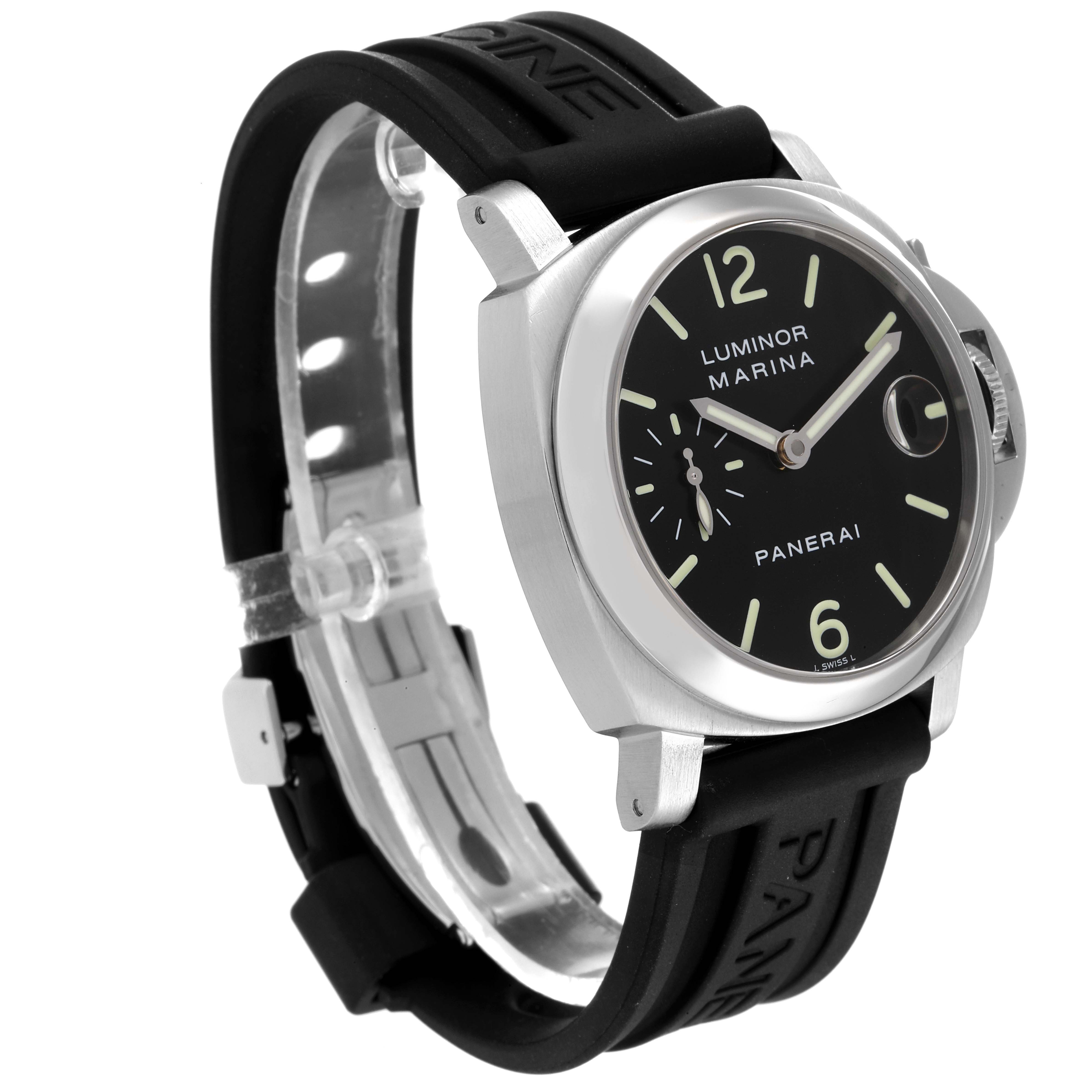 The image shows a Panerai Luminor PAM00048 Men
s Stainless Steel Black Dial PAM00048 Men
s Stainless Steel Black Dial model watch from an angled side view, displaying its dial, case, and rubber strap.