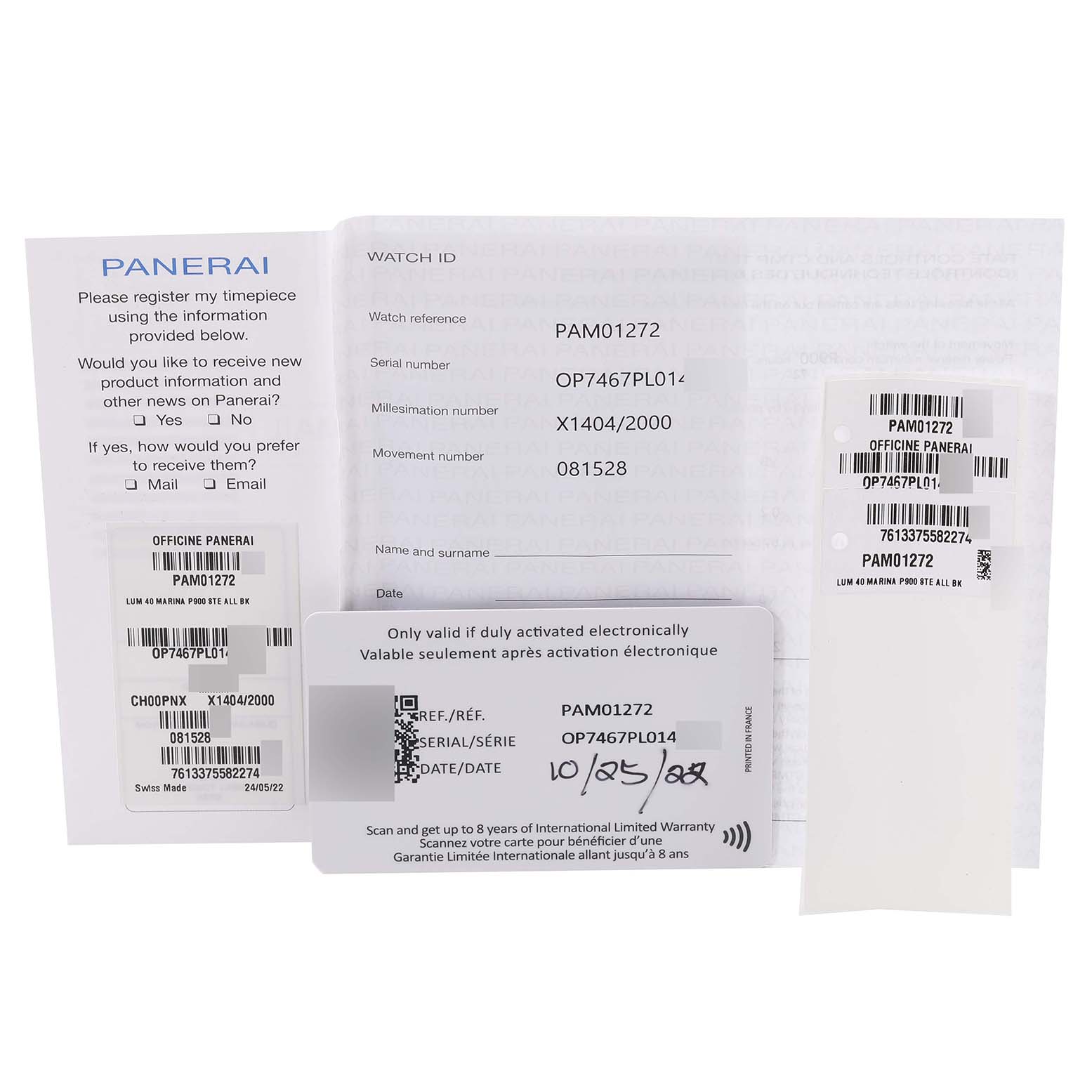 This image shows registration cards and tags for the Luminor model by Panerai.