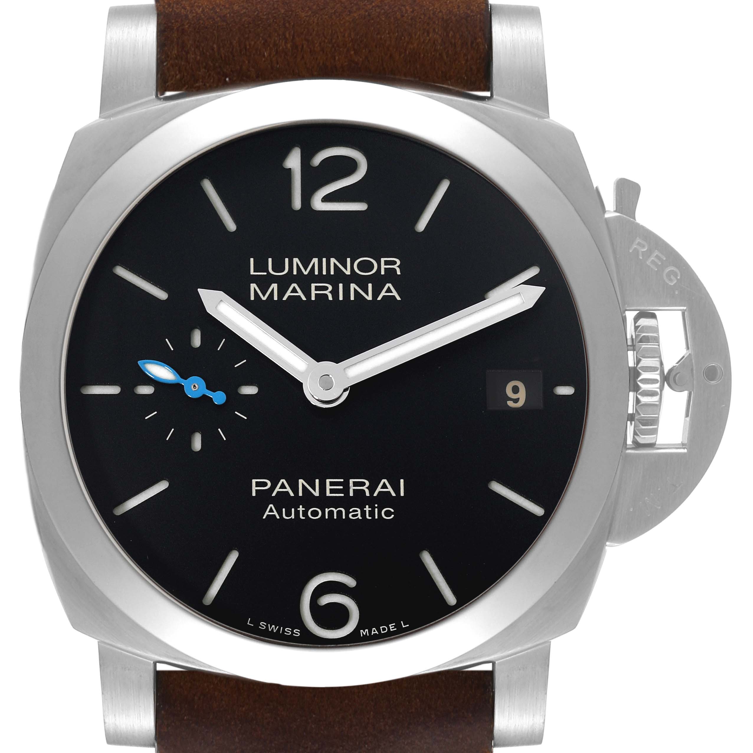 The image shows a front view of the Panerai Luminor PAM01272 Men's Stainless Steel Black Dial PAM01272 Men's Stainless Steel Black Dial Marina watch, featuring its black dial, date display, and distinctive crown guard.