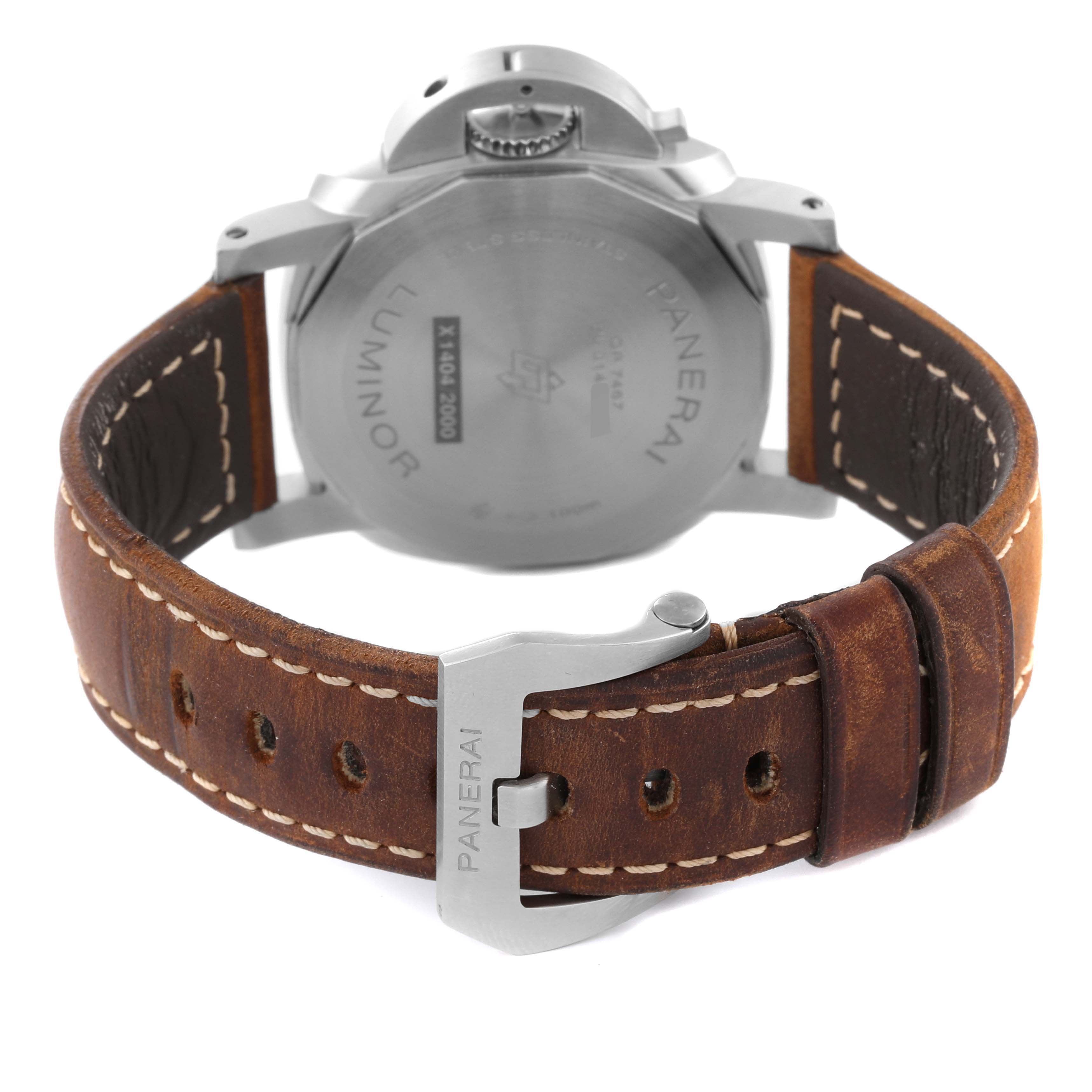 The image shows the back view of a Panerai Luminor PAM01272 Men's Stainless Steel Black Dial PAM01272 Men's Stainless Steel Black Dial watch, highlighting the case back, crown guard, and leather strap with a branded buckle.