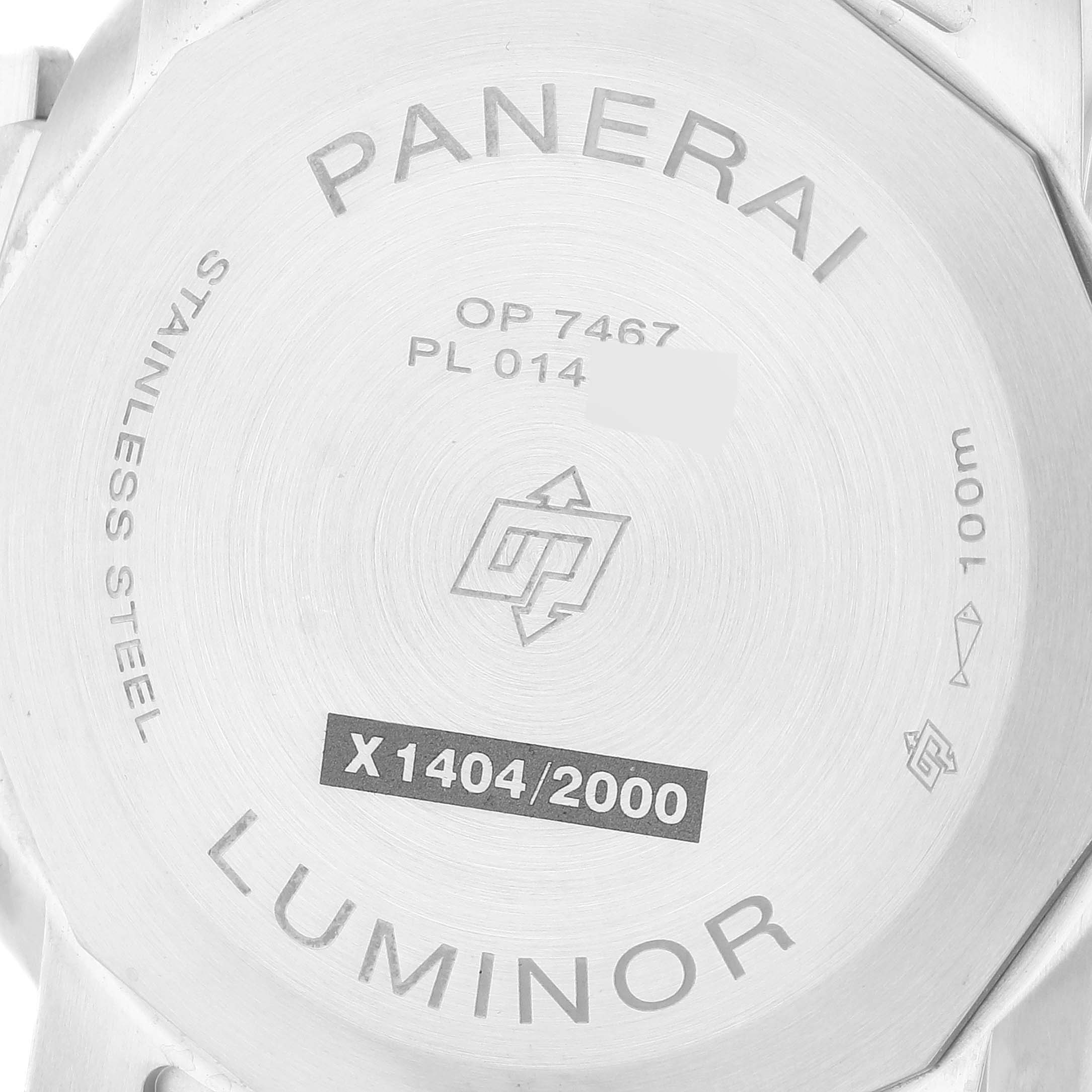 This is an image of the back case of a Panerai Luminor PAM01272 Men's Stainless Steel Black Dial PAM01272 Men's Stainless Steel Black Dial watch showing engravings and model information.