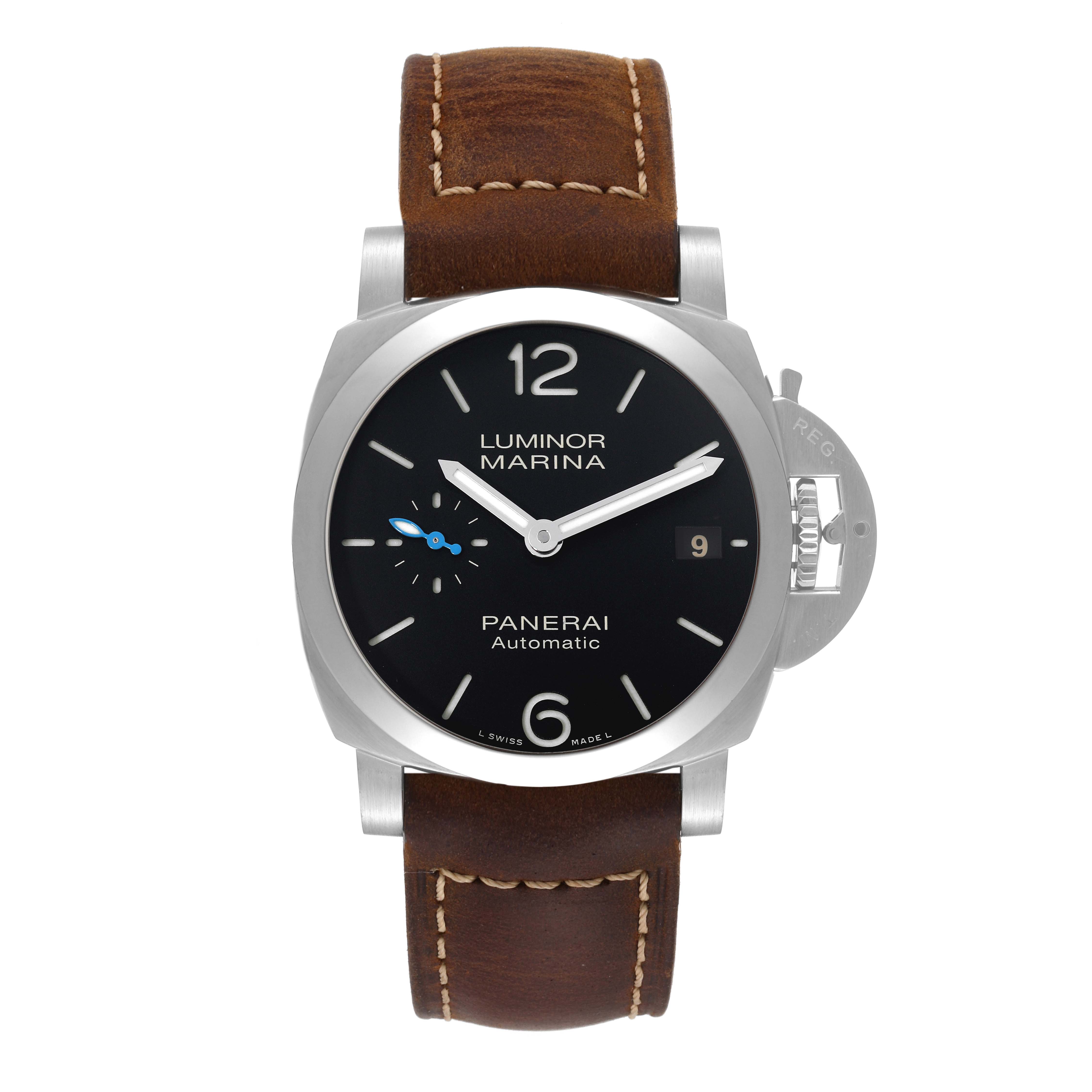 The image shows a front view of a Panerai Luminor PAM01272 Men's Stainless Steel Black Dial PAM01272 Men's Stainless Steel Black Dial watch, displaying its black dial, leather strap, and crown guard.