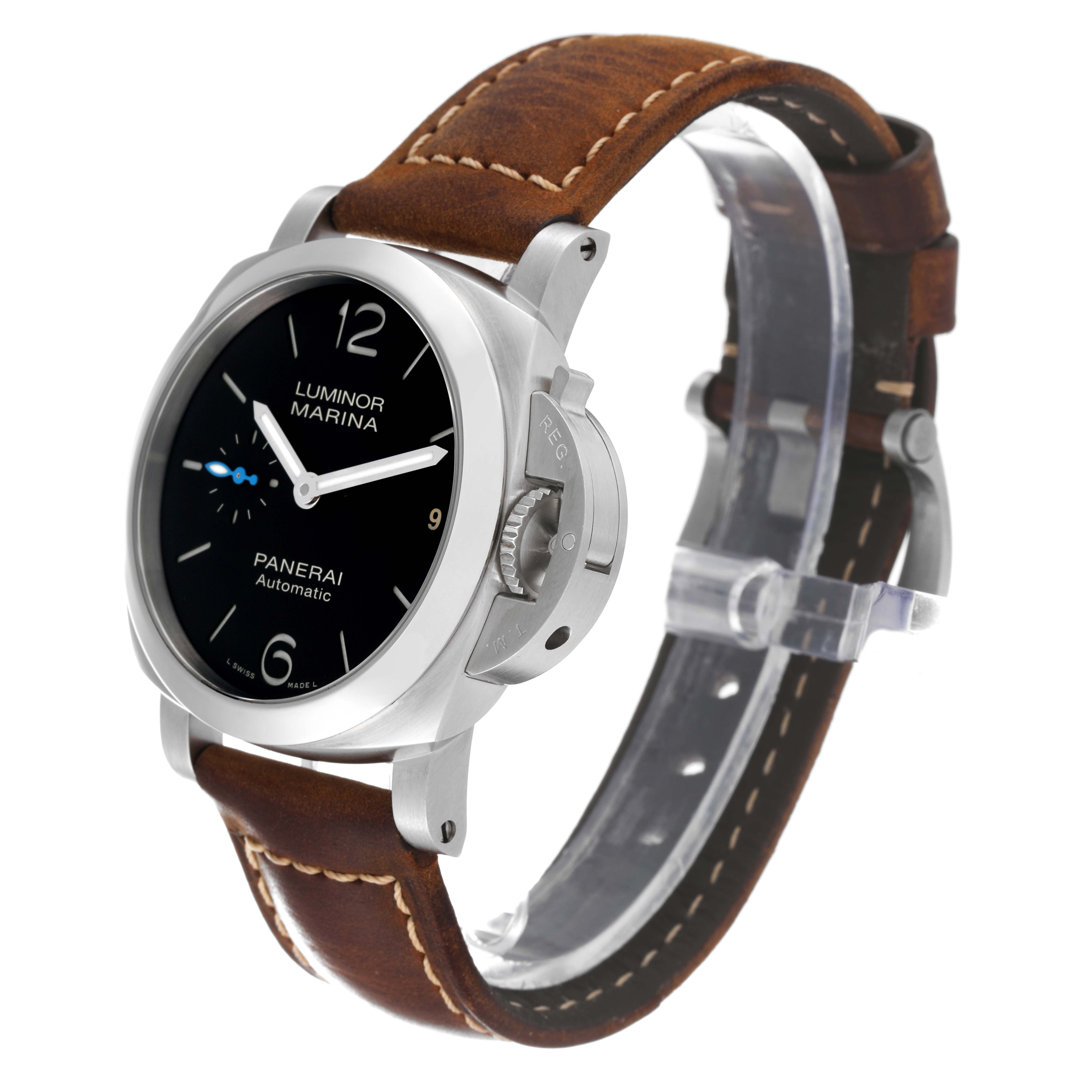 The image shows a side angle of the Panerai Luminor PAM01272 Men's Stainless Steel Black Dial PAM01272 Men's Stainless Steel Black Dial Marina watch, highlighting the dial, crown guard, and leather strap.