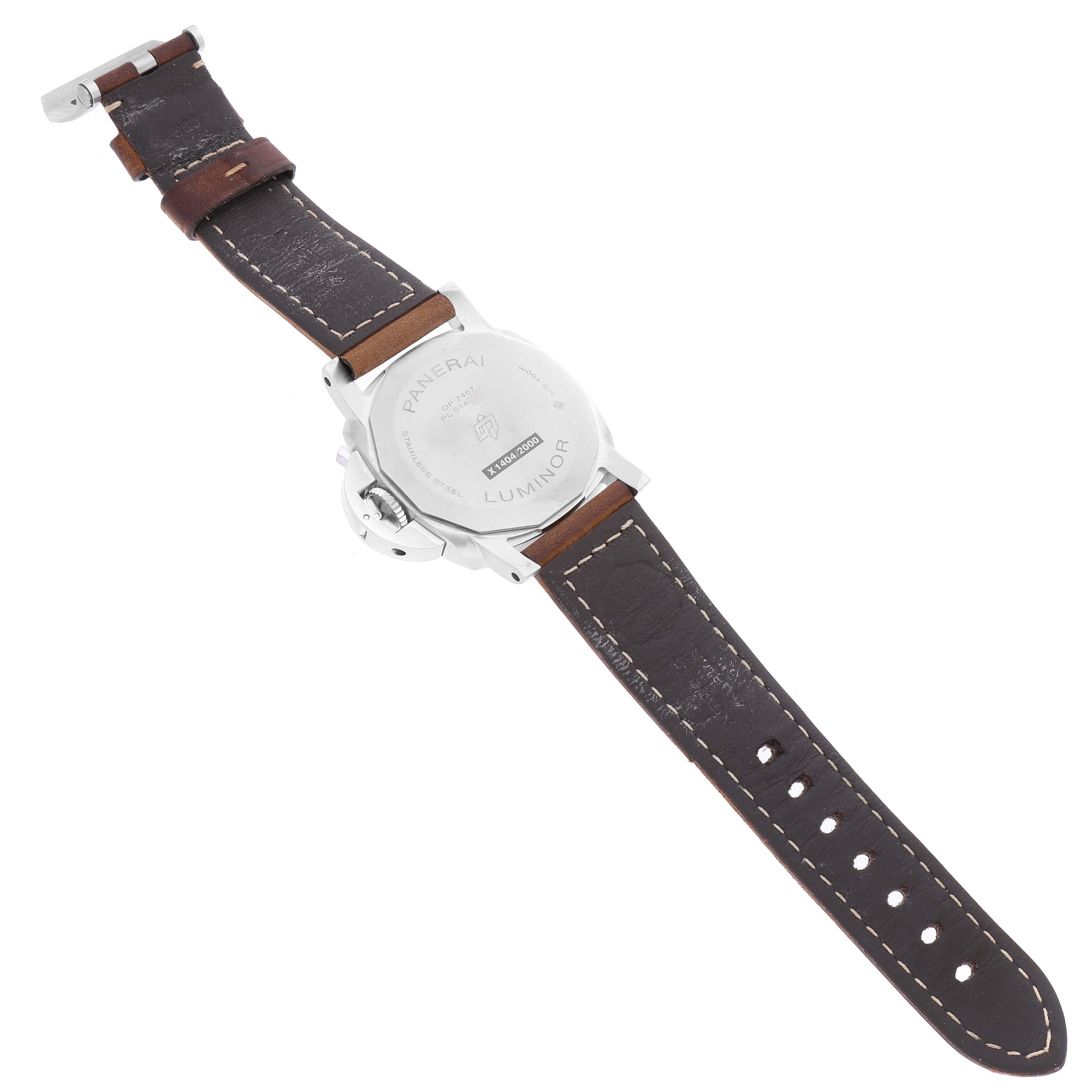 The image shows the back of a Panerai Luminor PAM01272 Men's Stainless Steel Black Dial PAM01272 Men's Stainless Steel Black Dial watch, displaying the case back and dark brown leather strap.