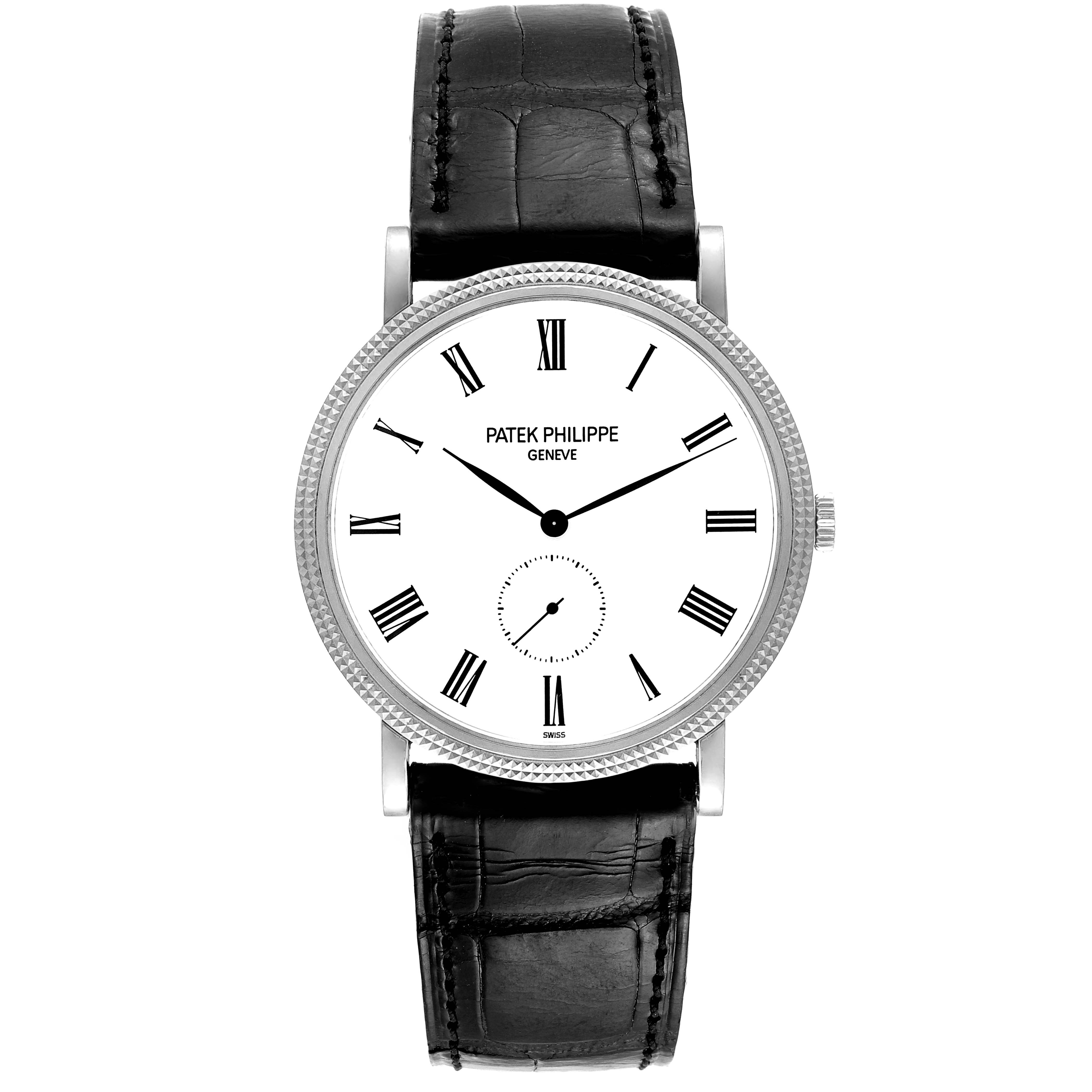 This is a frontal view of the Patek Philippe Calatrava 5119G Men's White Gold White Dial 5119G Men's White Gold White Dial watch, showcasing its dial, hour markers, hands, and leather strap.