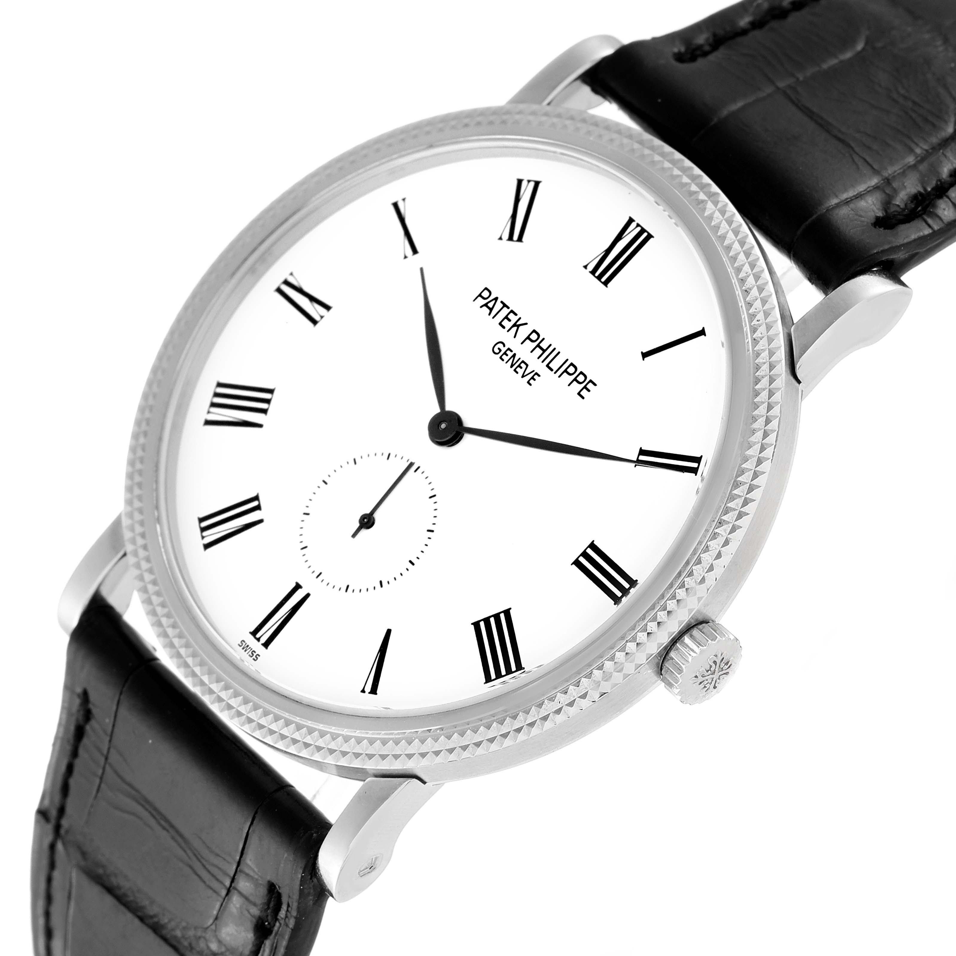 This image shows a Patek Philippe Calatrava 5119G Men's White Gold White Dial 5119G Men's White Gold White Dial watch at a three-quarter angle, highlighting the dial, hands, crown, and leather strap.