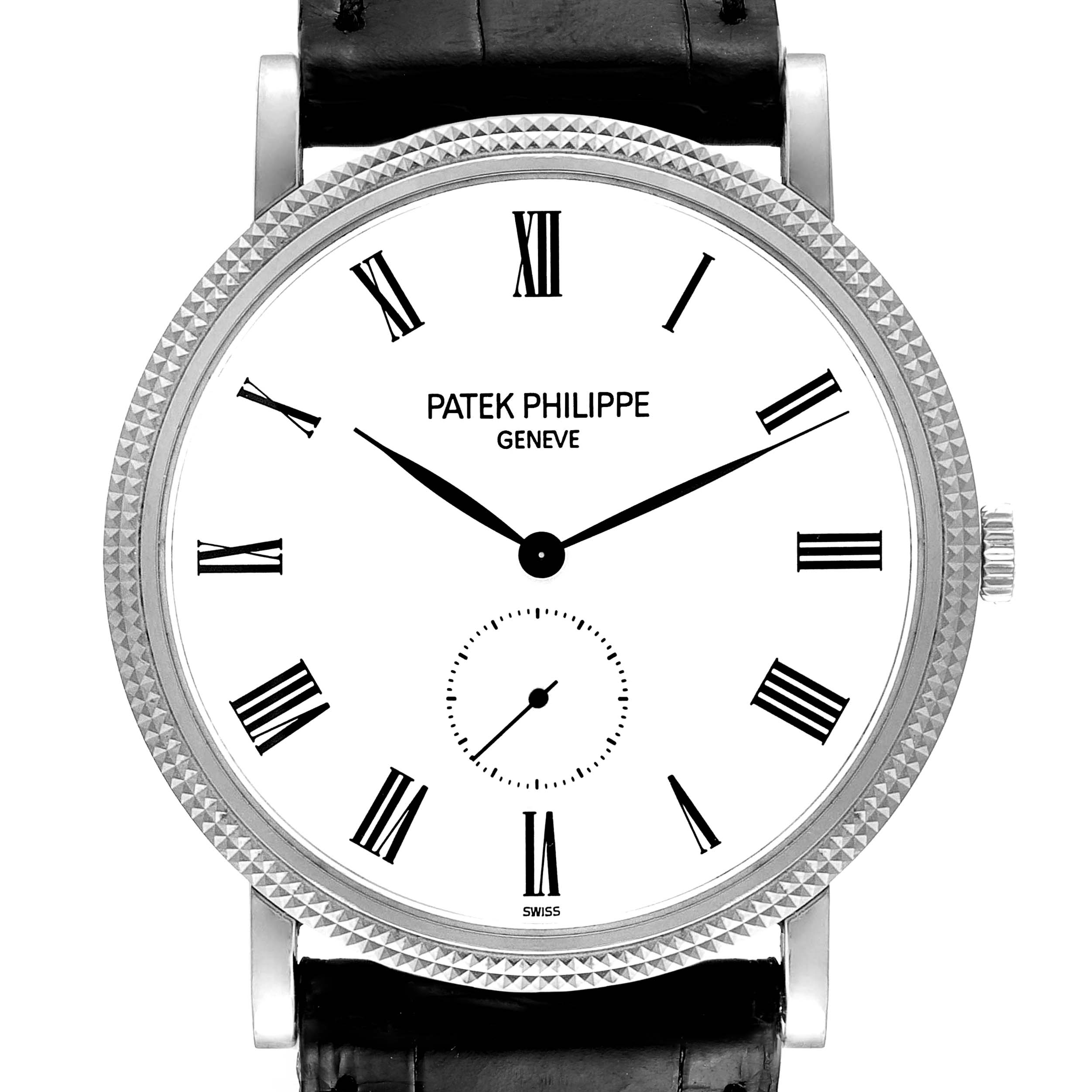 The image shows a front view of the Patek Philippe Calatrava 5119G Men's White Gold White Dial 5119G Men's White Gold White Dial watch, displaying its Roman numeral dial and black leather strap.