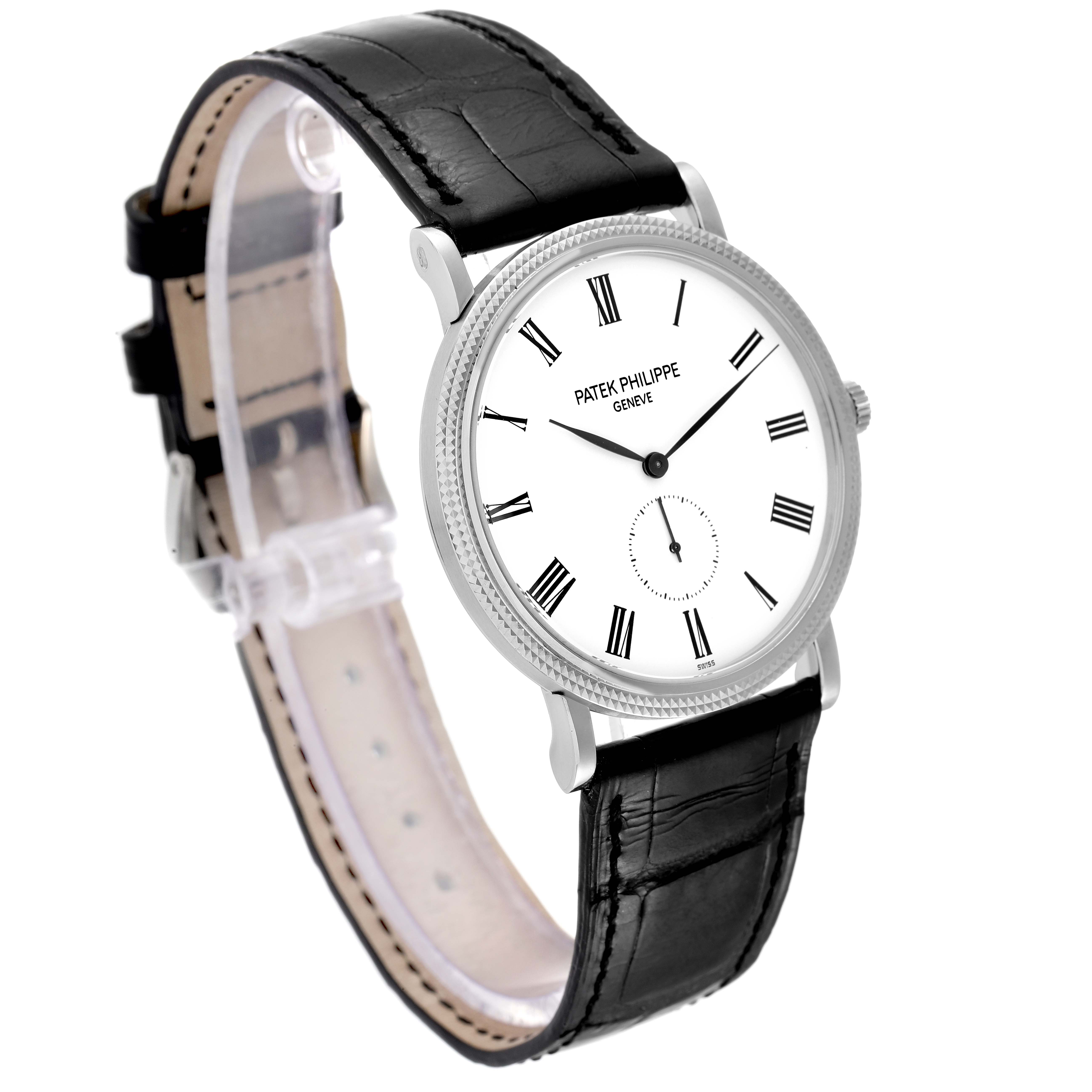 The image shows a Patek Philippe Calatrava 5119G Men's White Gold White Dial 5119G Men's White Gold White Dial watch at a three-quarter angle, highlighting its face, dial, and black leather strap.