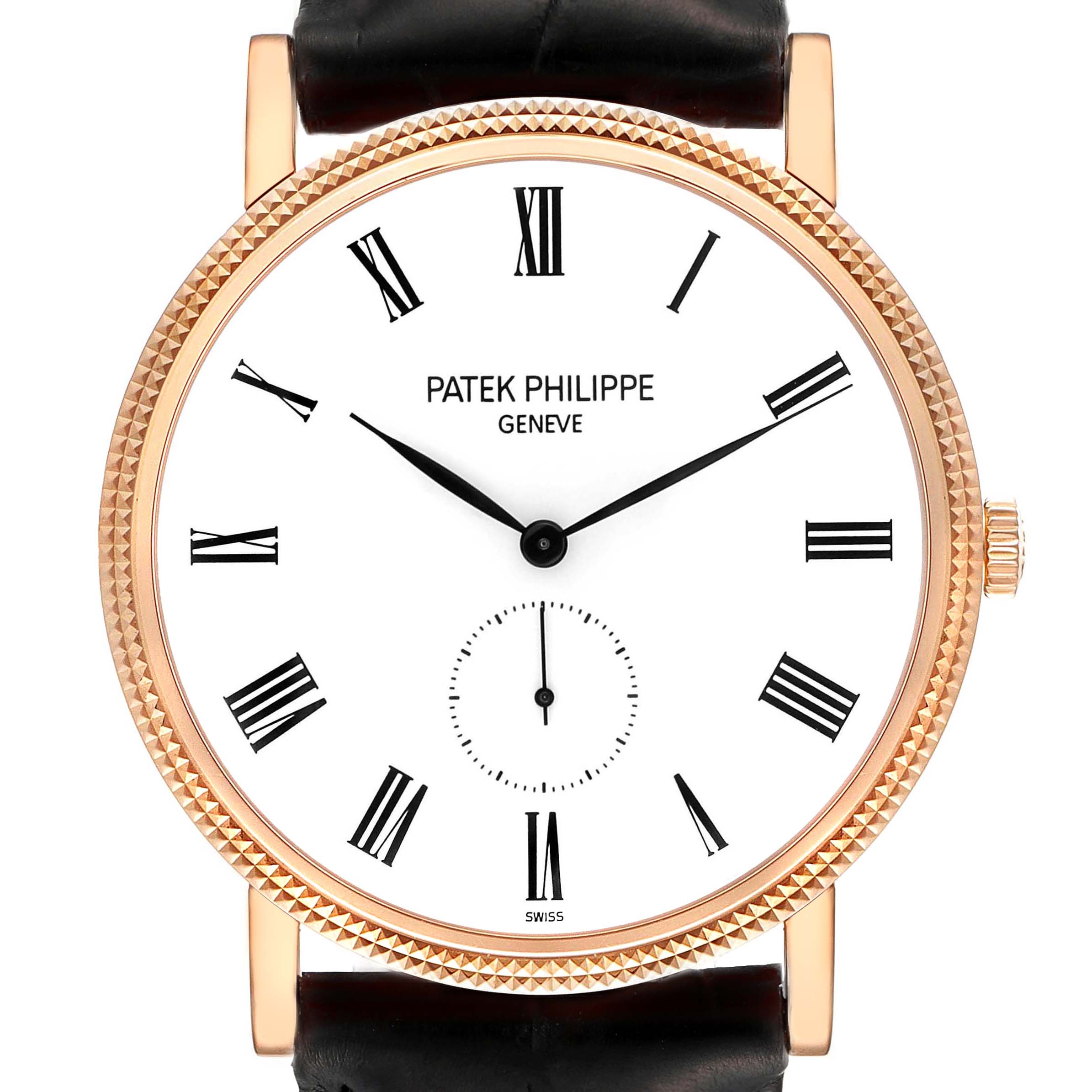 This image shows a front view of the Patek Philippe Calatrava 5119R Men's Rose Gold White Dial 5119R Men's Rose Gold White Dial watch face with a black strap and rose gold bezel.