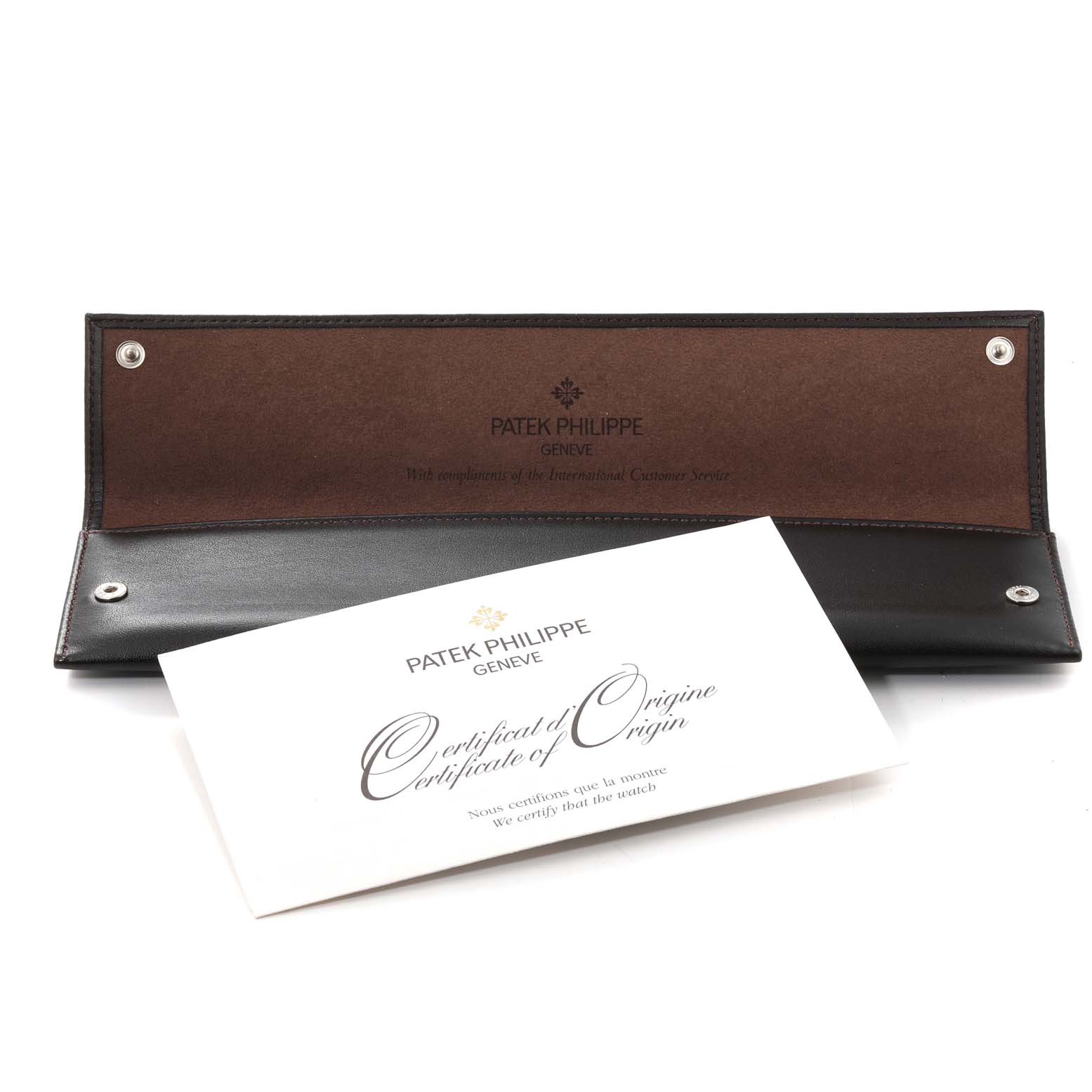 This image shows the certificate and leather pouch for the Patek Philippe Calatrava 5119R Men's Rose Gold White Dial 5119R Men's Rose Gold White Dial model watch.