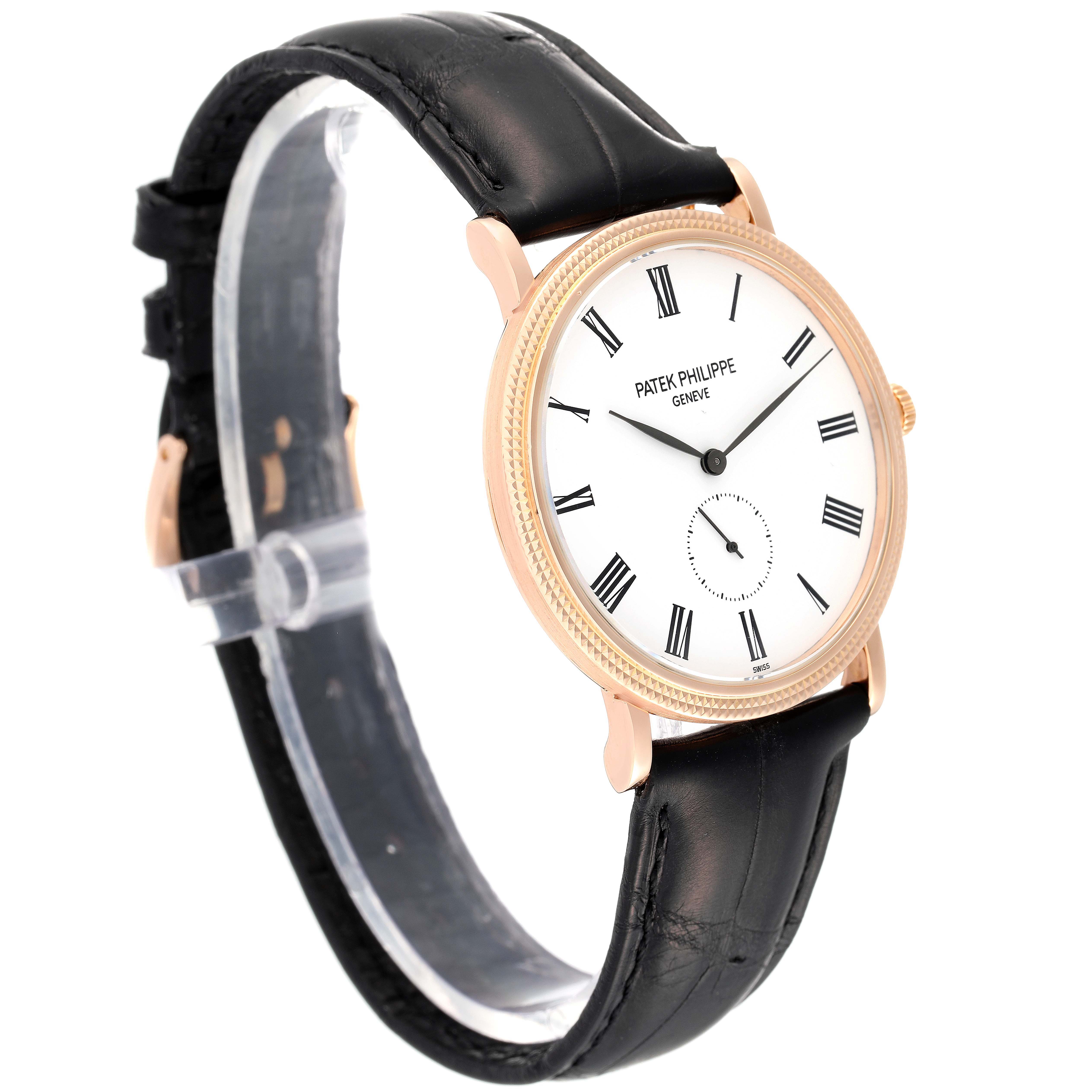 The image shows a side view of a Patek Philippe Calatrava 5119R Men's Rose Gold White Dial 5119R Men's Rose Gold White Dial watch, displaying its face, bezel, and leather strap.