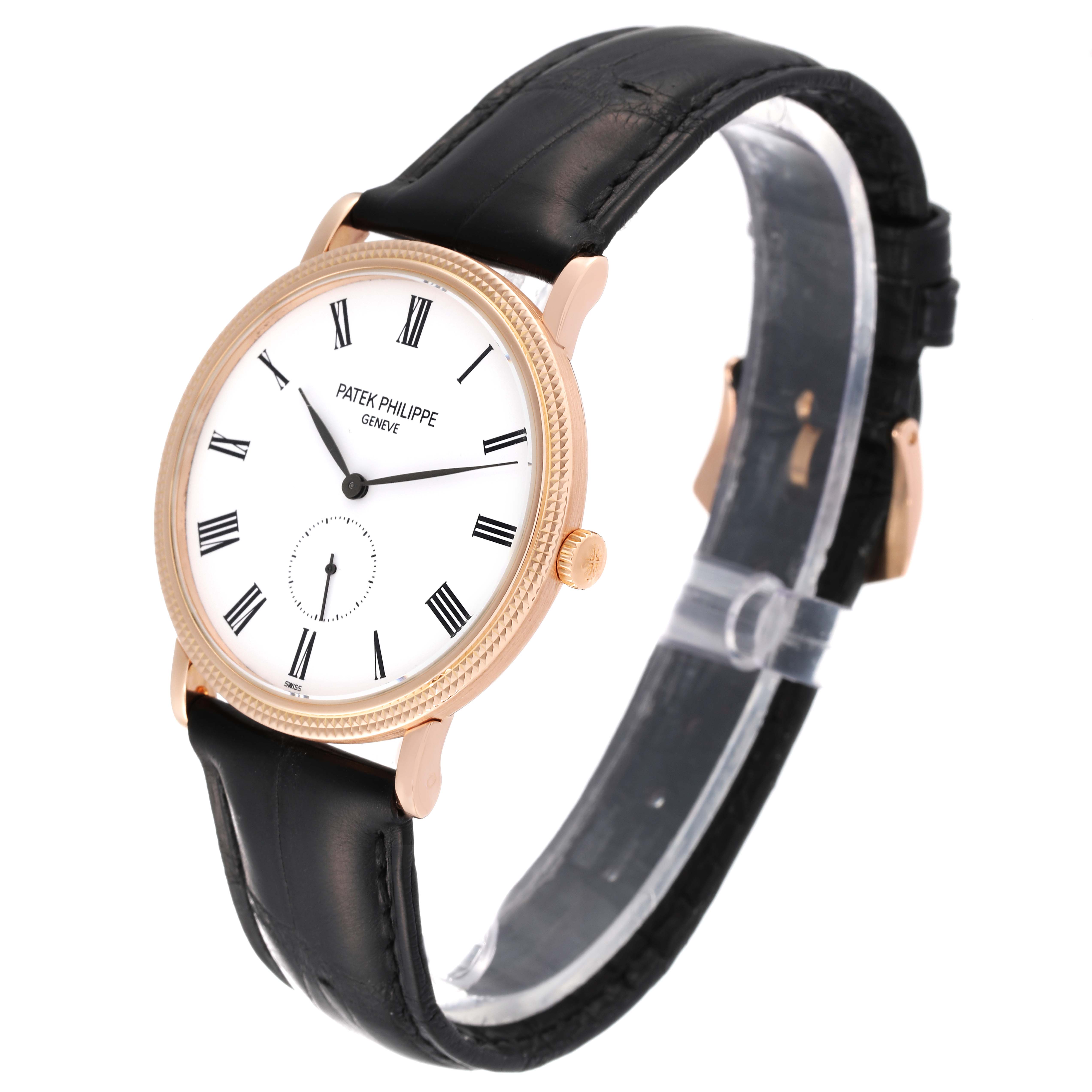 This image shows a front and side angle of the Patek Philippe Calatrava 5119R Men's Rose Gold White Dial 5119R Men's Rose Gold White Dial watch, highlighting its face, bezel, crown, and strap.