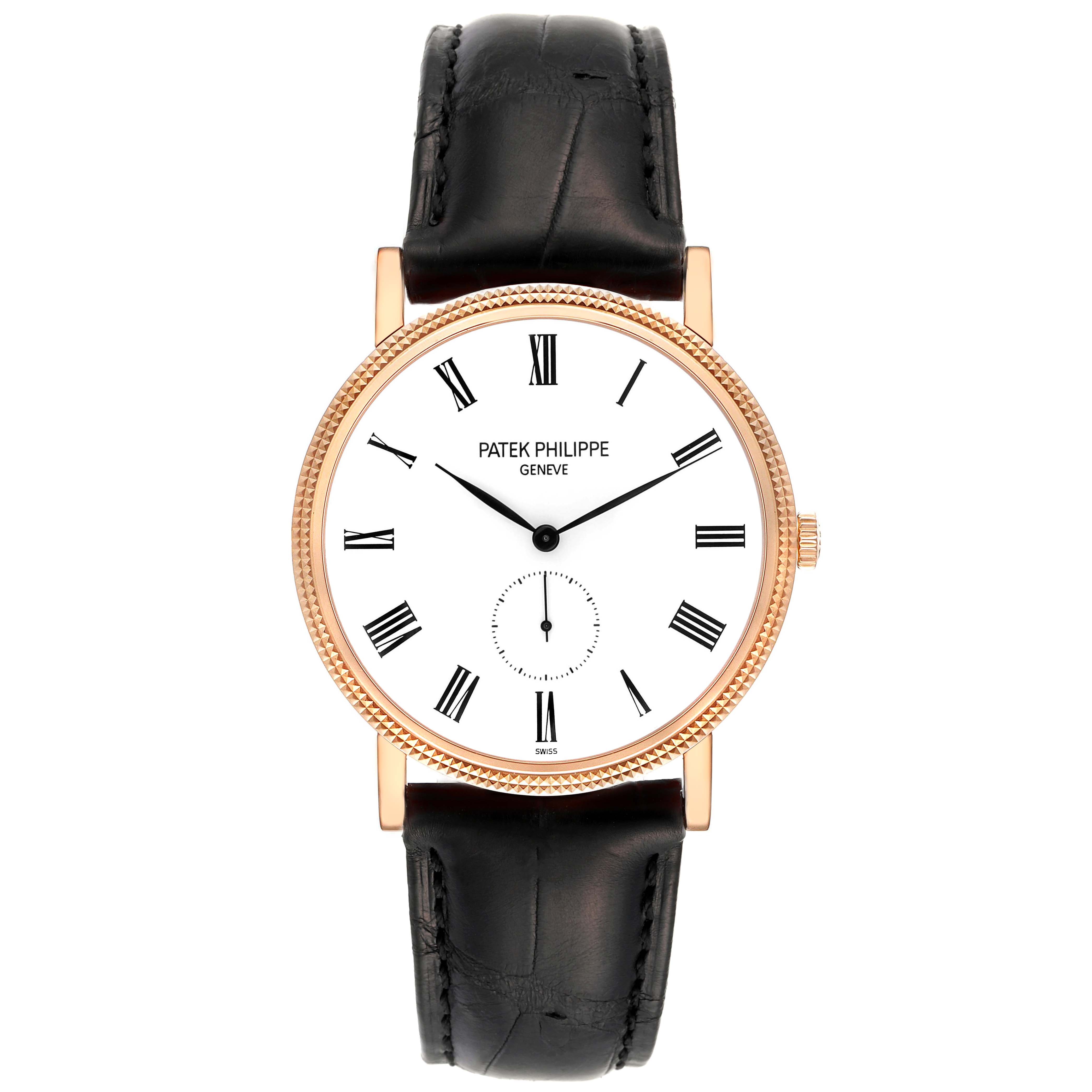 The image shows a front view of the Patek Philippe Calatrava 5119R Men's Rose Gold White Dial 5119R Men's Rose Gold White Dial watch, featuring a black leather strap and a white dial with Roman numerals.