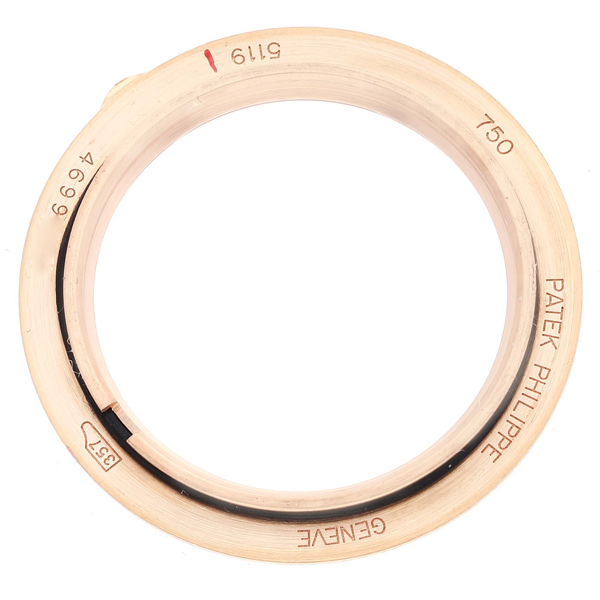 This image shows a bezel from the Patek Philippe Calatrava 5119R Men's Rose Gold White Dial 5119R Men's Rose Gold White Dial model, labeled "GENEVE," "750," and "Patek Philippe."
