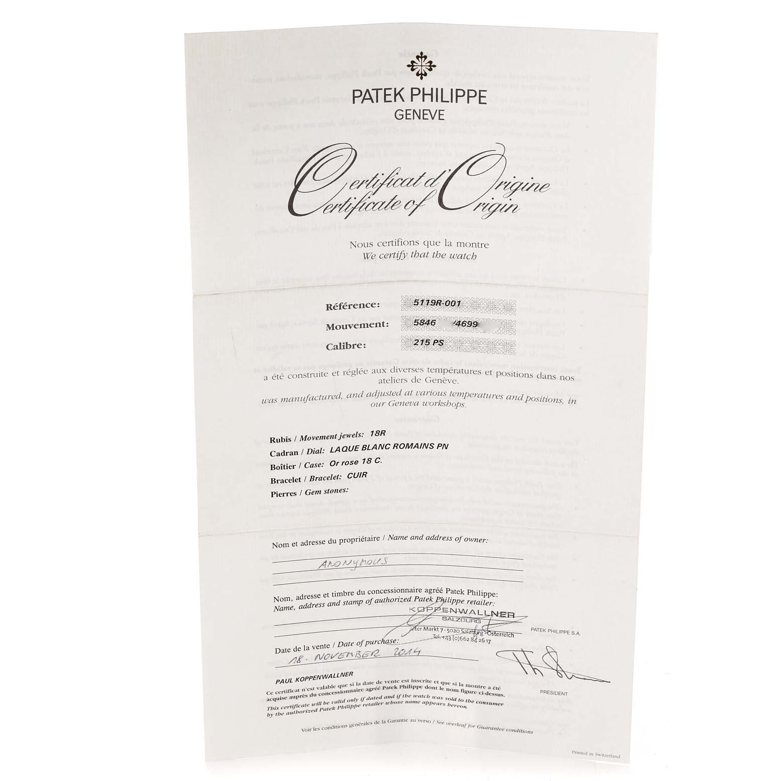This image shows a Certificate of Origin for a Patek Philippe Calatrava 5119R Men's Rose Gold White Dial 5119R Men's Rose Gold White Dial watch, model 5119R-001.