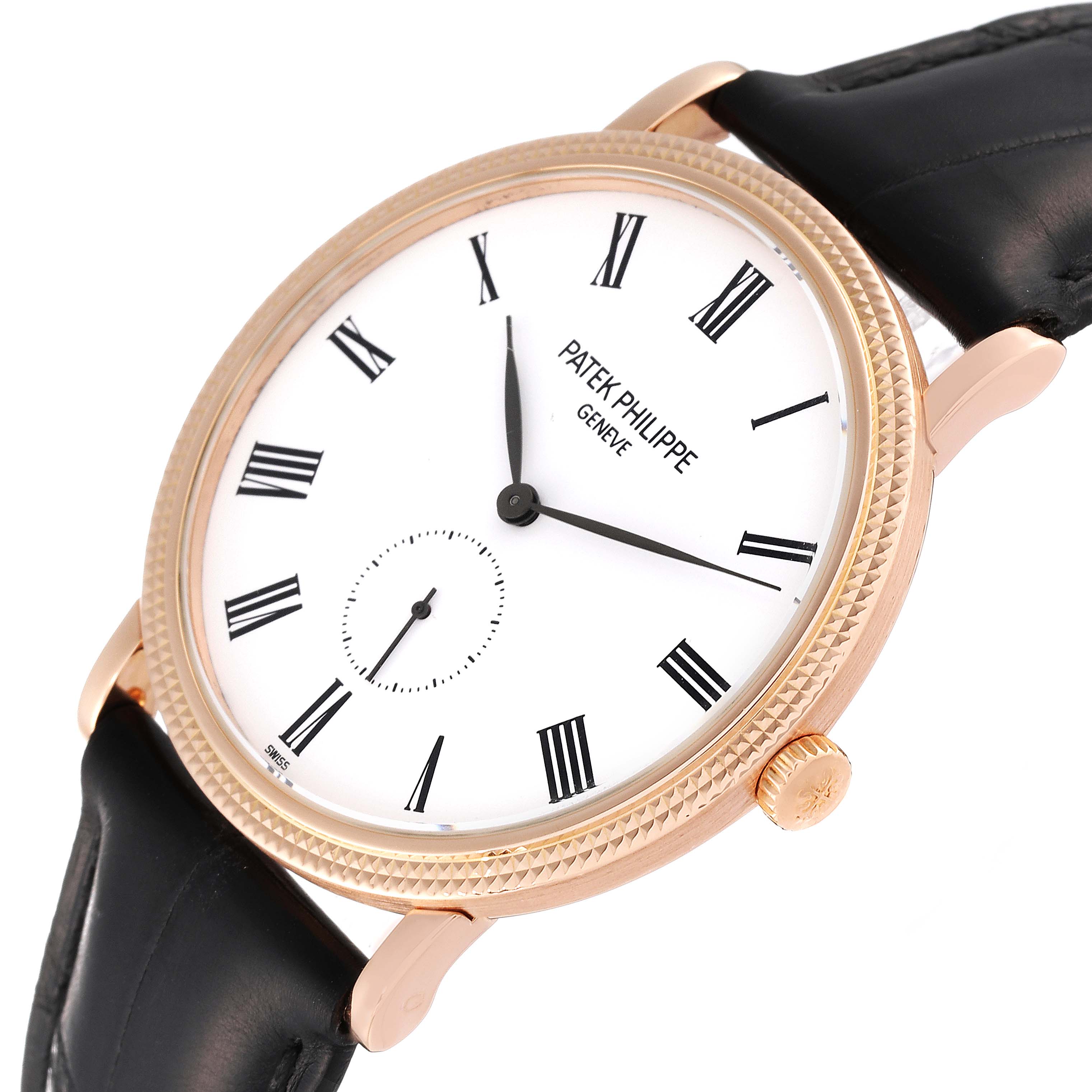 This image shows a Patek Philippe Calatrava 5119R Men's Rose Gold White Dial 5119R Men's Rose Gold White Dial watch from an angled view, highlighting the face, Roman numerals, and black leather strap.
