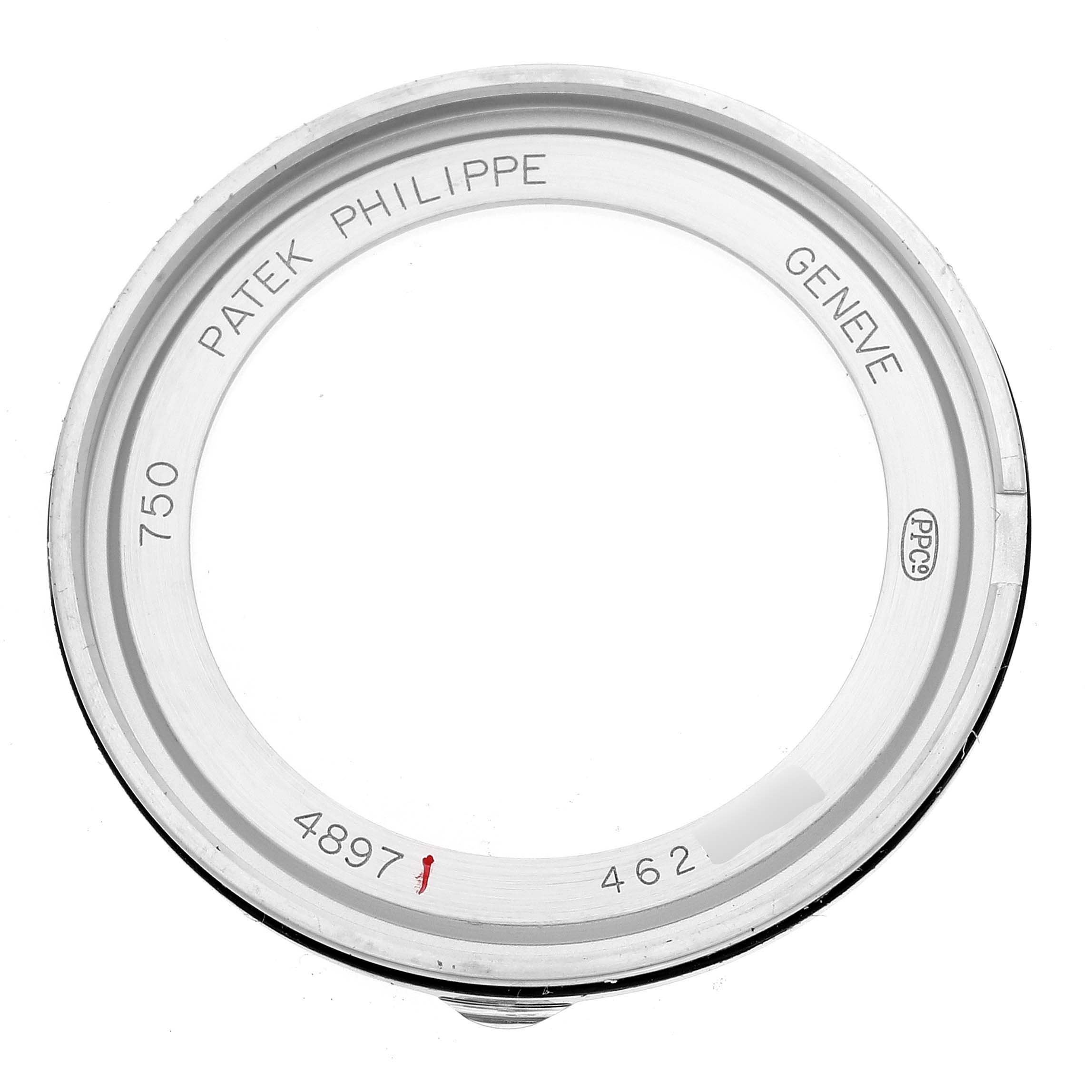 The image shows the back case of a Patek Philippe Calatrava 4897G-001 Women's White Gold Blue Dial 4897G-001 Women's White Gold Blue Dial model watch, viewed from above.