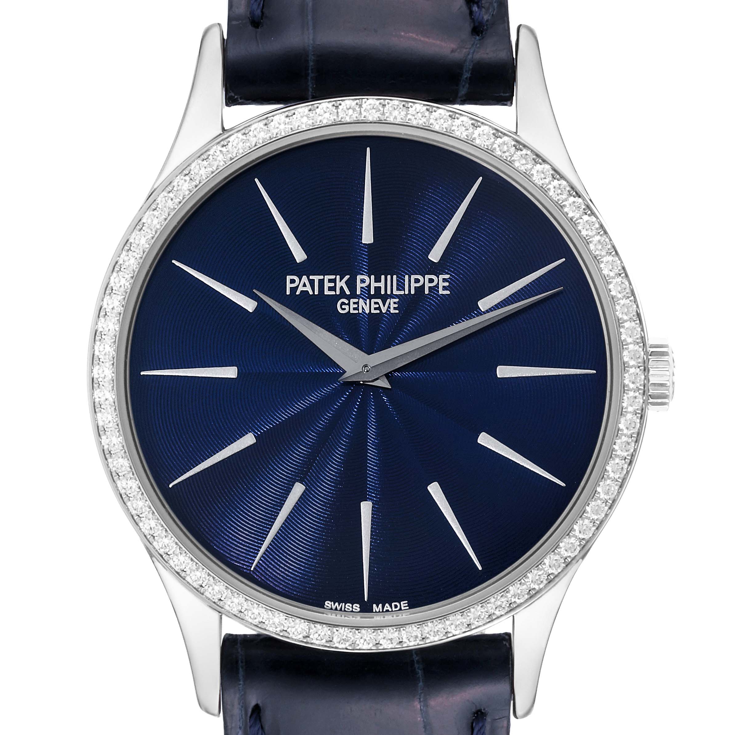 The image shows a frontal view of a Patek Philippe Calatrava 4897G-001 Women's White Gold Blue Dial 4897G-001 Women's White Gold Blue Dial watch with a blue dial and diamond-studded bezel.