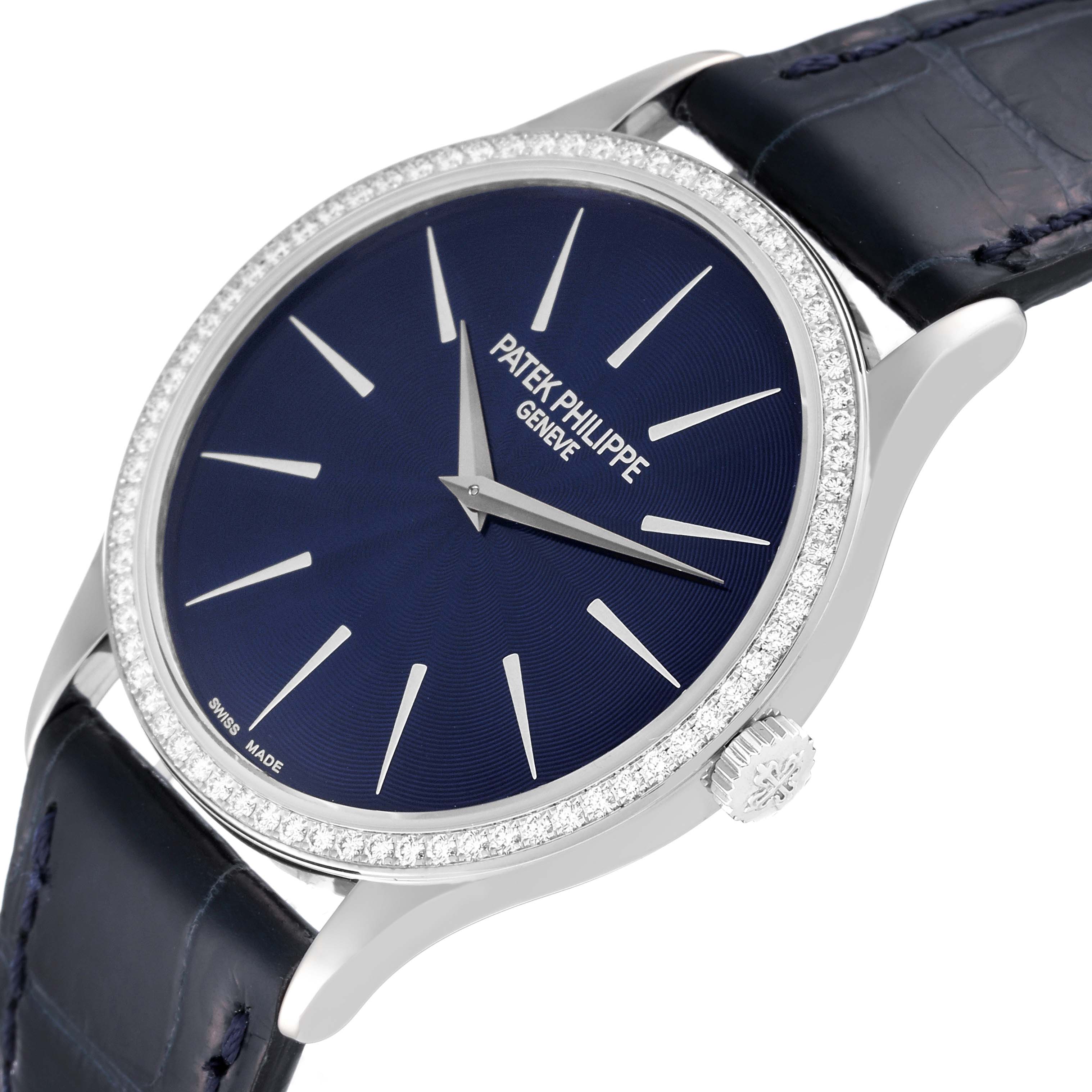 The image shows a side angle of the Patek Philippe Calatrava 4897G-001 Women's White Gold Blue Dial 4897G-001 Women's White Gold Blue Dial watch, highlighting its blue dial, diamond-set bezel, and leather strap.