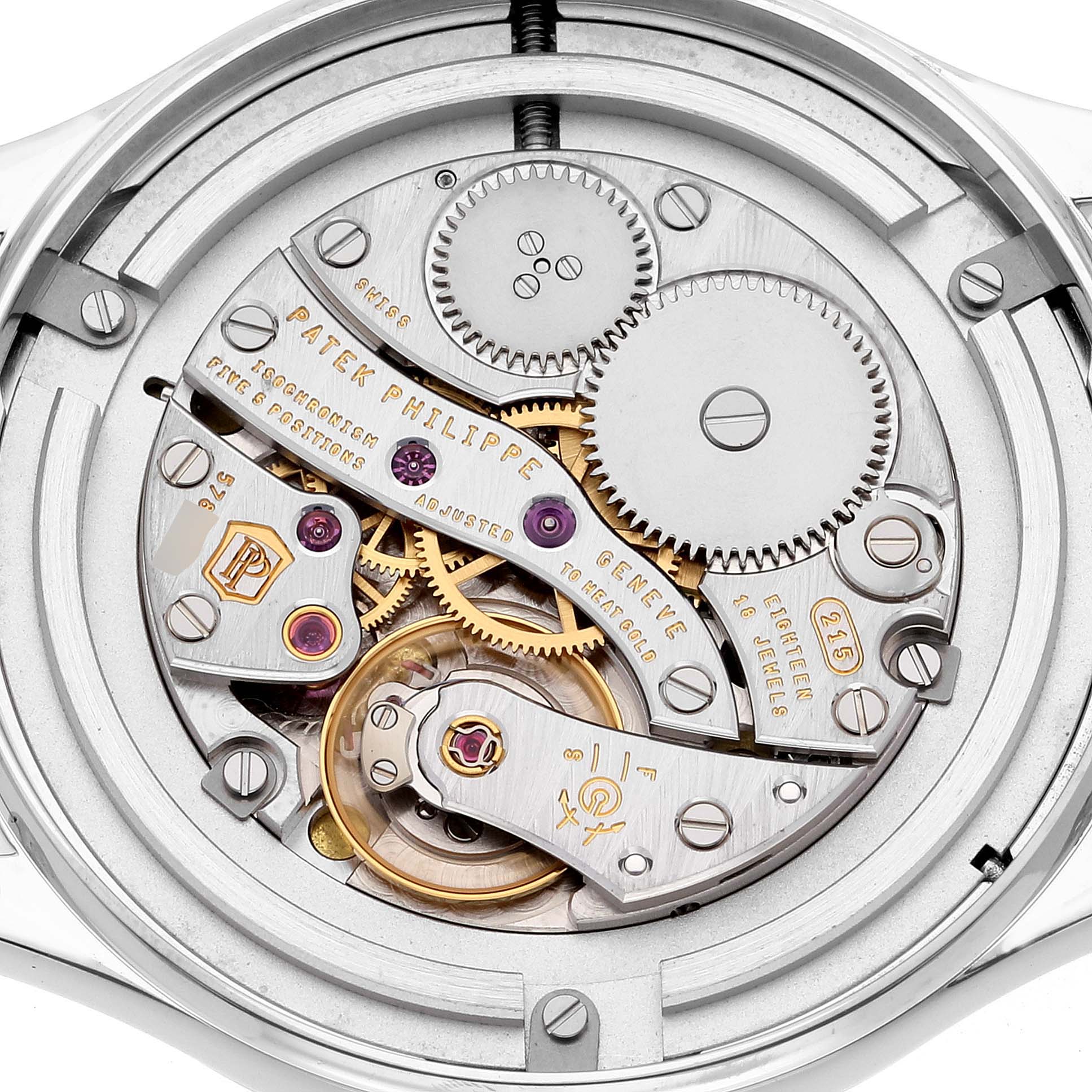 The image shows the internal mechanical movement of the Patek Philippe Calatrava 4897G-001 Women's White Gold Blue Dial 4897G-001 Women's White Gold Blue Dial watch from a top-down angle.