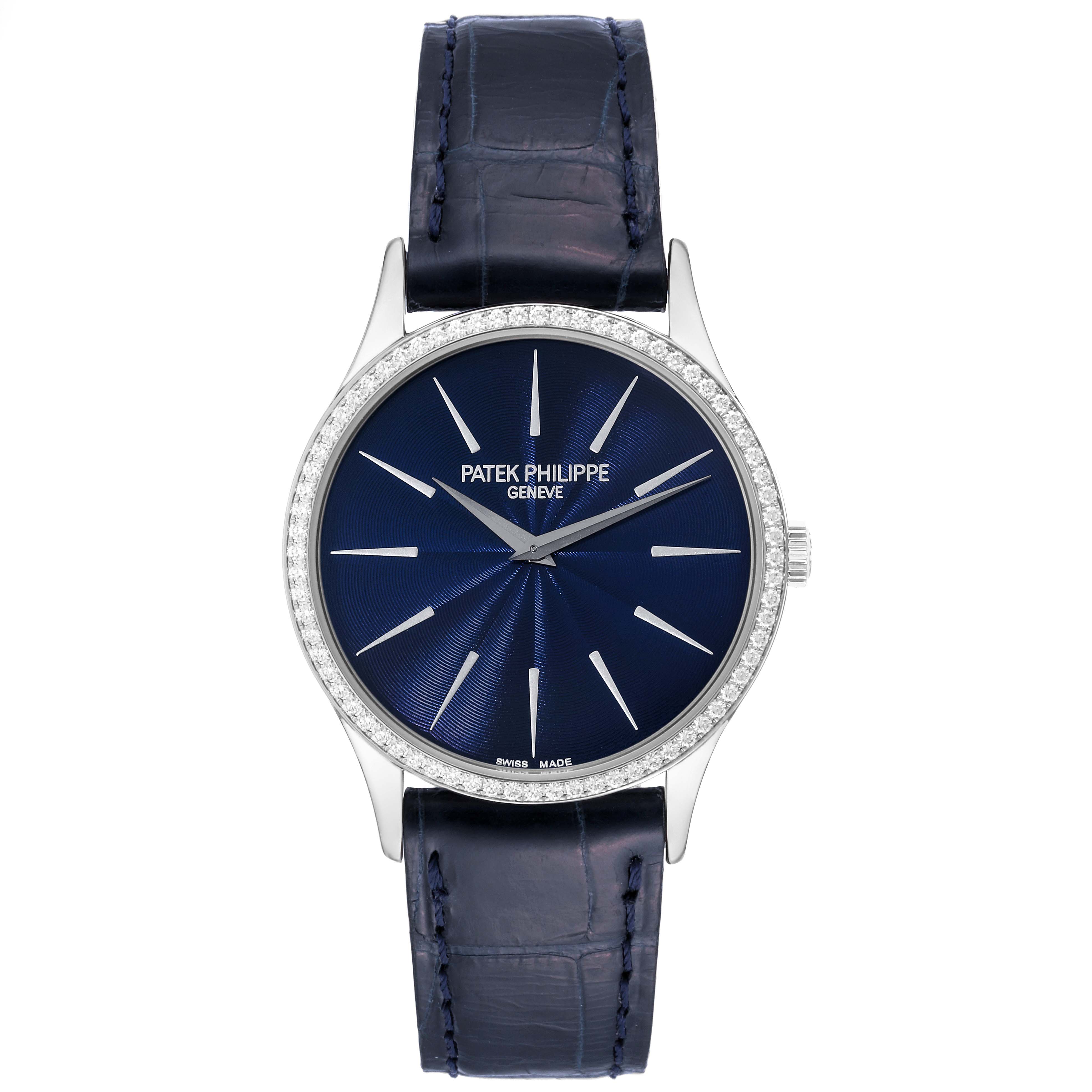 The image shows a front view of the Patek Philippe Calatrava 4897G-001 Women's White Gold Blue Dial 4897G-001 Women's White Gold Blue Dial watch with a blue dial and strap.