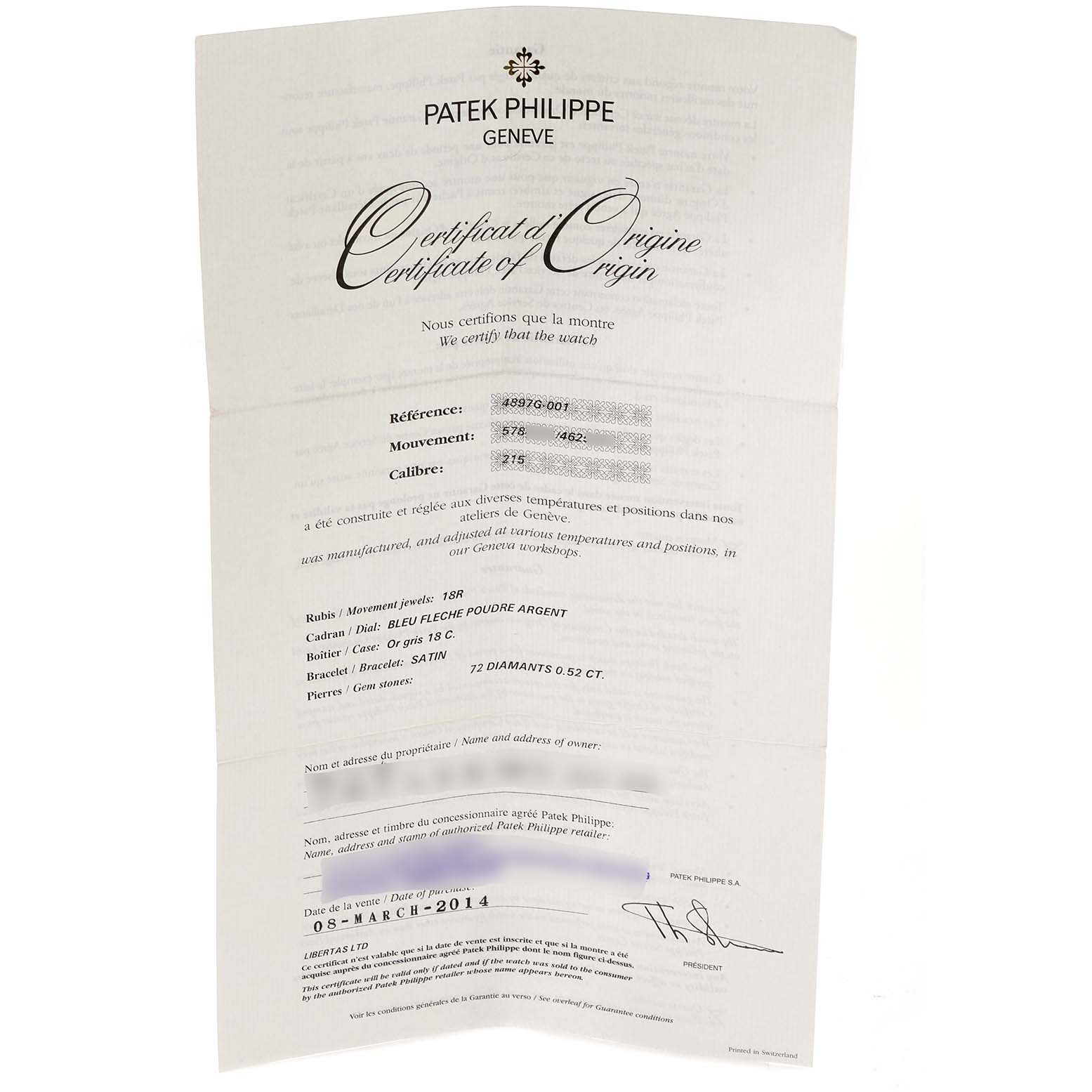 The image shows the Certificate of Origin for a Patek Philippe Calatrava 4897G-001 Women's White Gold Blue Dial 4897G-001 Women's White Gold Blue Dial watch, detailing its reference, movement, and calibre.