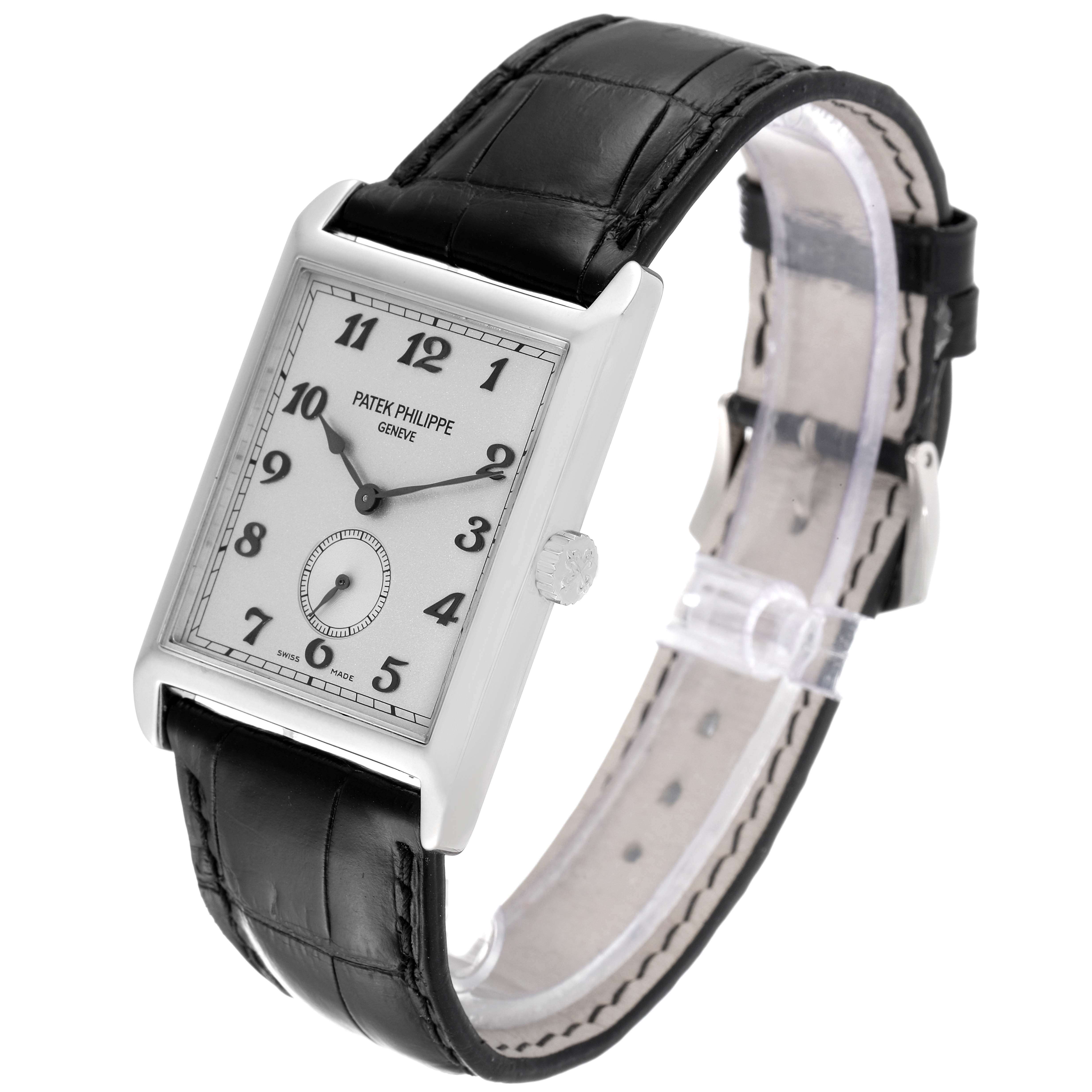 The image shows a Patek Philippe Gondolo 5109G Men's White Gold Silver Dial 5109G Men's White Gold Silver Dial watch at a three-quarter angle, displaying its face, crown, and black leather strap.