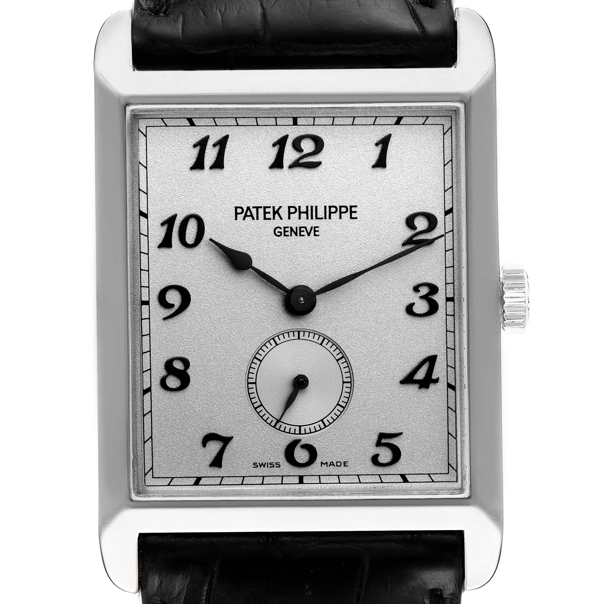 The Patek Philippe Gondolo 5109G Men's White Gold Silver Dial 5109G Men's White Gold Silver Dial watch is shown from the front, displaying the face with hour, minute, and small seconds hands.