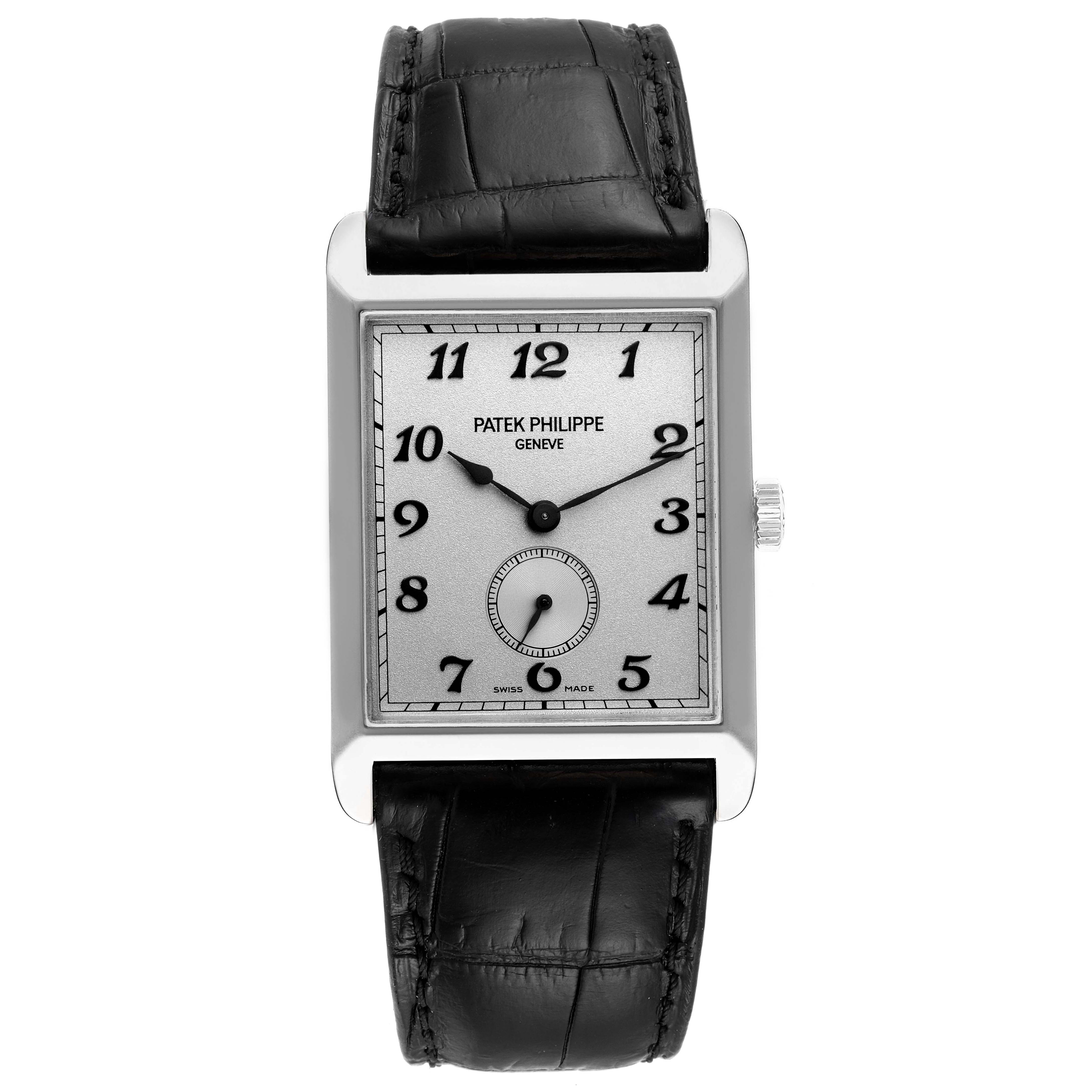 The image shows a front view of a Patek Philippe Gondolo 5109G Men's White Gold Silver Dial 5109G Men's White Gold Silver Dial watch with a rectangular dial and black leather strap.