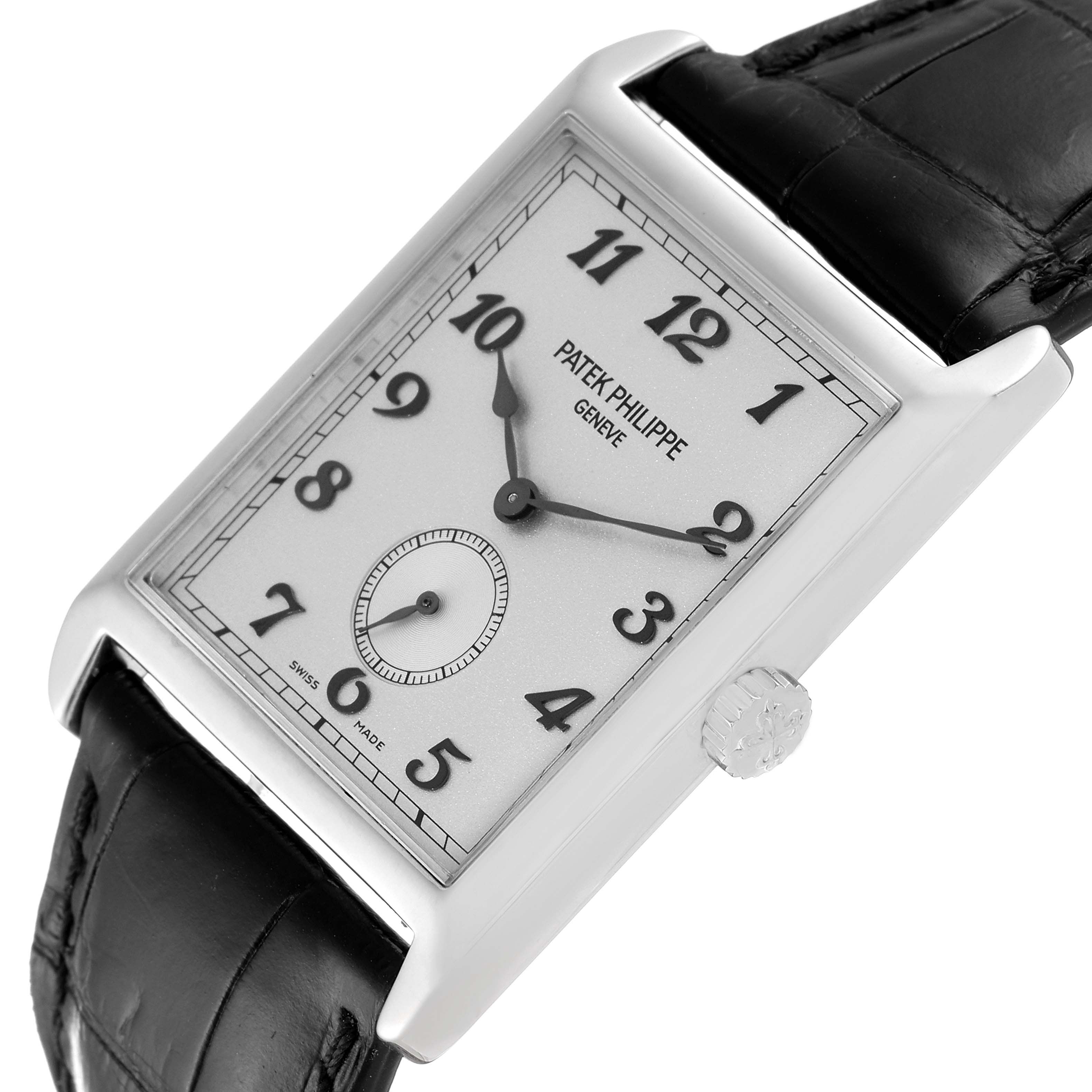 The Patek Philippe Gondolo 5109G Men's White Gold Silver Dial 5109G Men's White Gold Silver Dial watch is shown at an angled view displaying its face, crown, and part of the black leather strap.