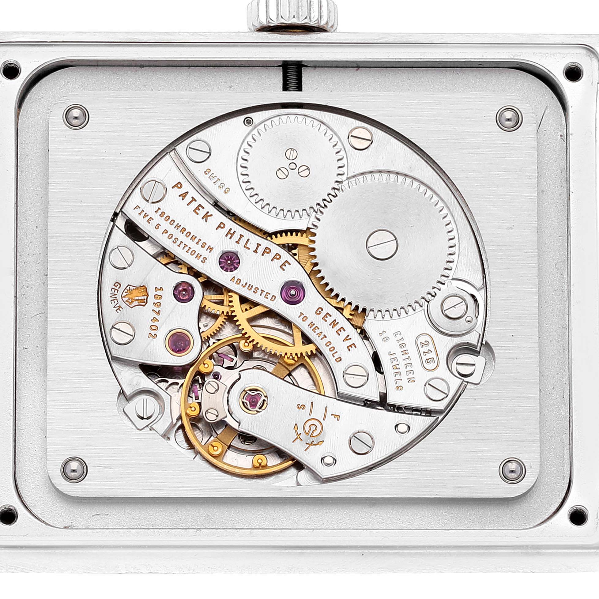 The image shows the intricate inner mechanism of a Patek Philippe Gondolo 5109G Men's White Gold Silver Dial 5109G Men's White Gold Silver Dial watch from a top-down angle.