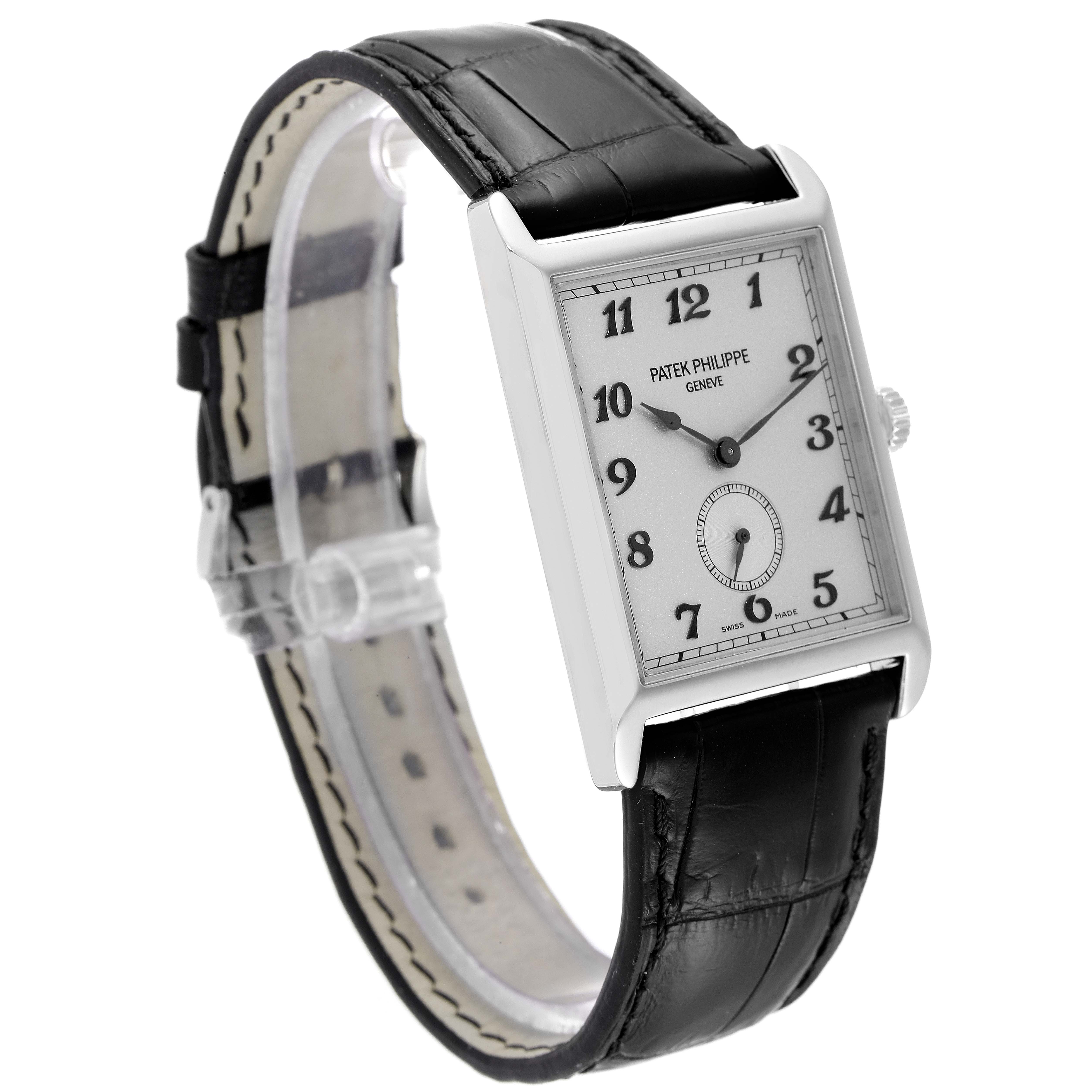 The image shows a Patek Philippe Gondolo 5109G Men's White Gold Silver Dial 5109G Men's White Gold Silver Dial watch at a slight angle, displaying its rectangular dial, leather strap, and side crown.