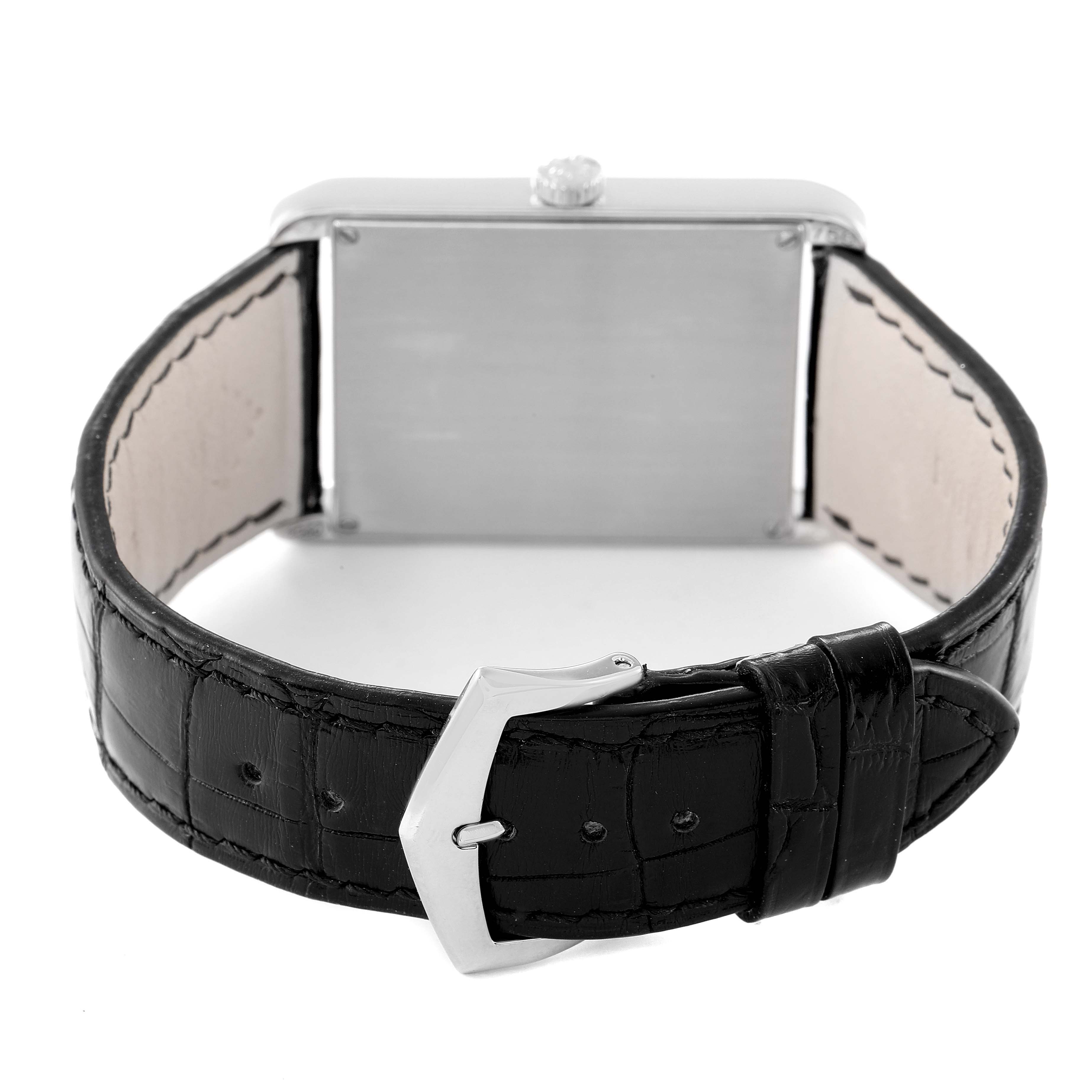 This image shows the back view of a Patek Philippe Gondolo 5109G Men's White Gold Silver Dial 5109G Men's White Gold Silver Dial watch, highlighting the leather strap and metal buckle.