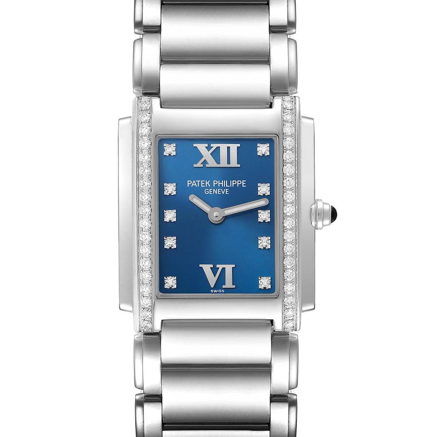 The Patek Philippe Twenty-4 watch is shown from the front angle, highlighting its blue dial, diamond markers, and stainless steel bracelet.