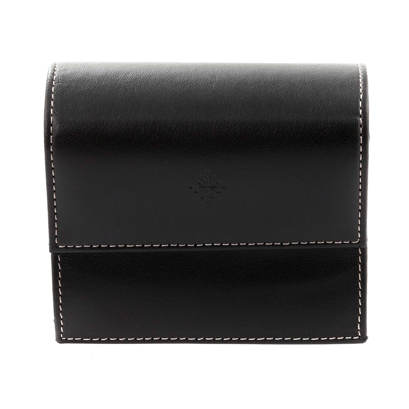 This image shows a closed black leather storage case for the Twenty-4 model by Patek Philippe, viewed from the front.