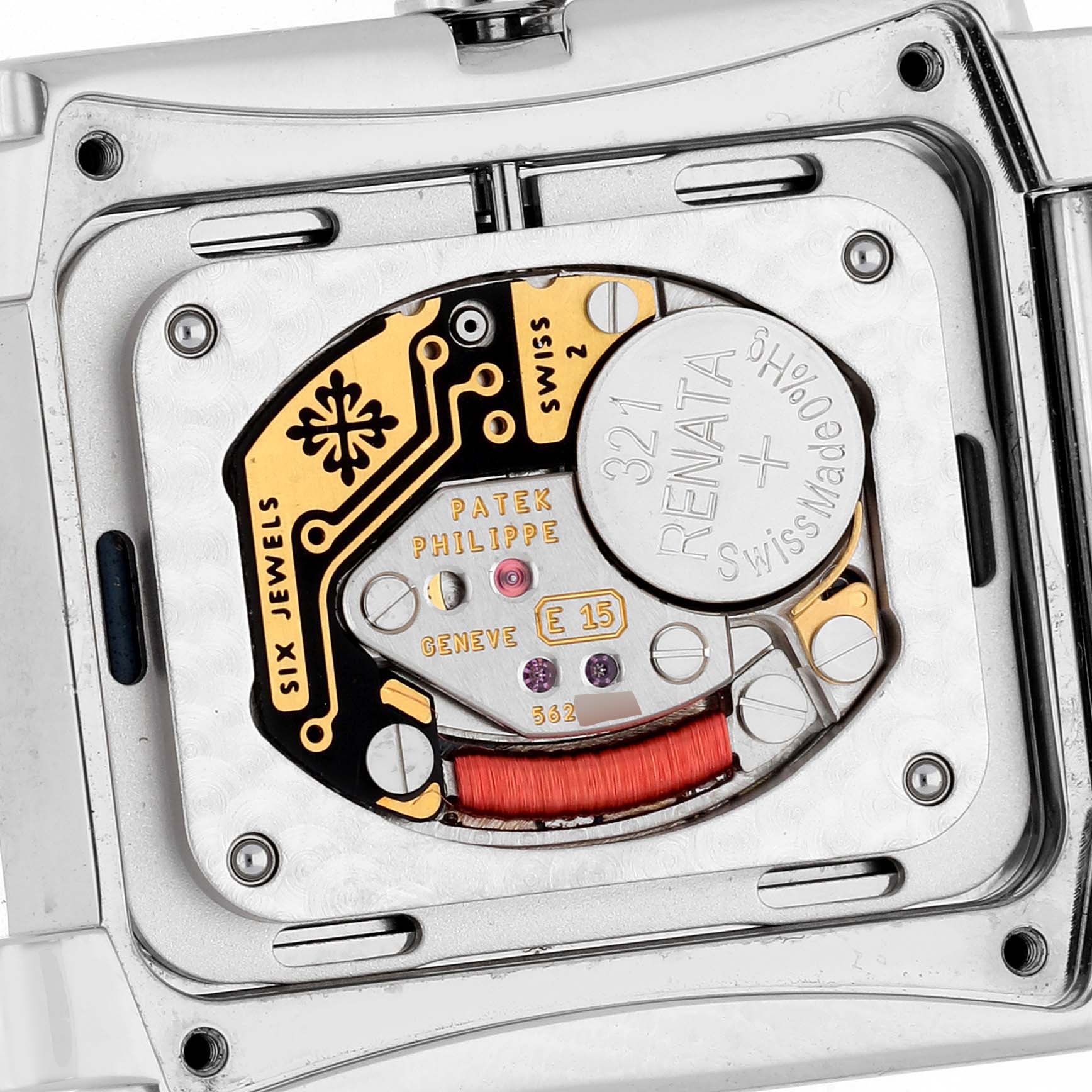 The image shows the back view of the Patek Philippe Twenty-4 4910/10A-012 Women's Stainless Steel Blue Dial 4910/10A-012 Women's Stainless Steel Blue Dial model watch, highlighting the internal mechanism and battery.