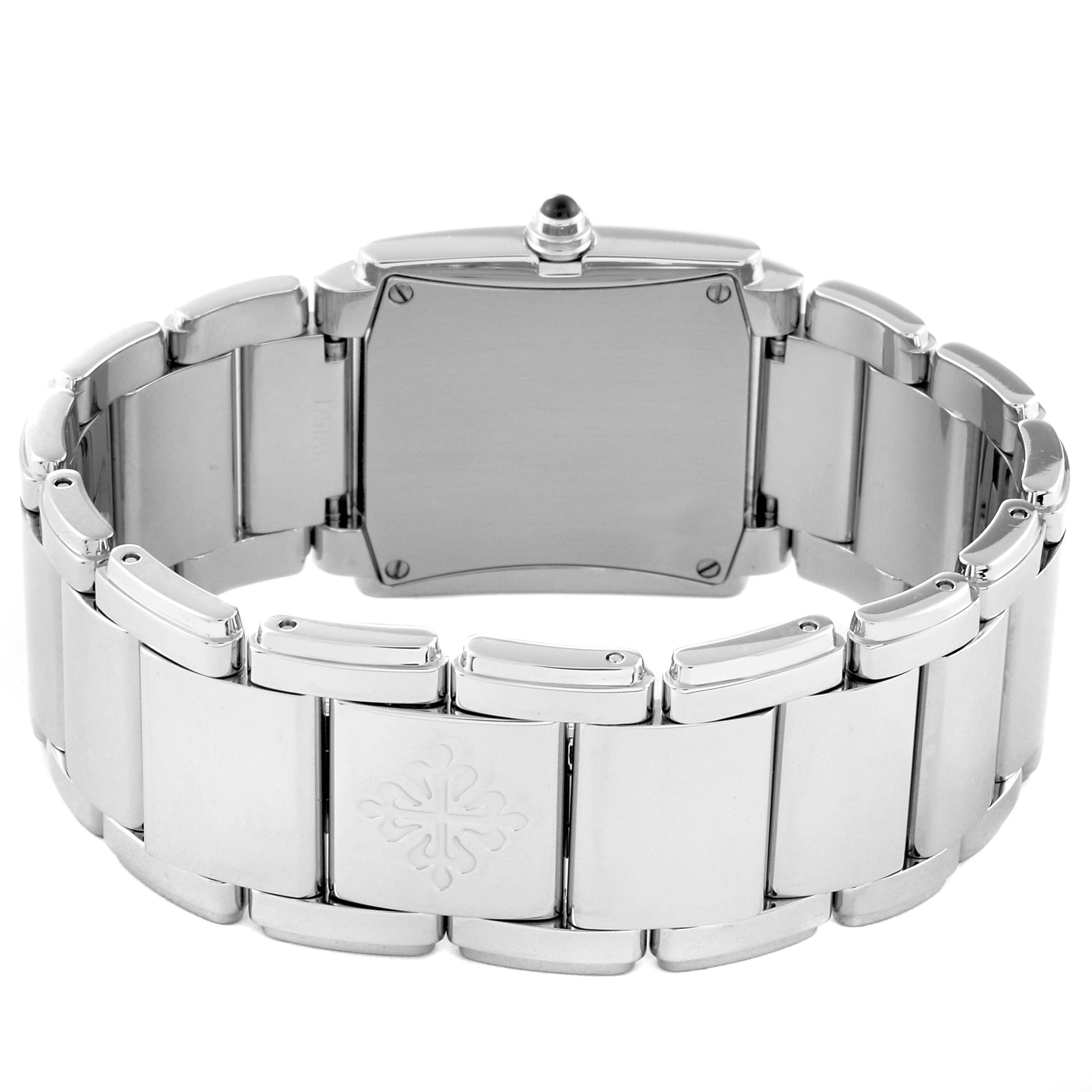 This image shows the back view of the Patek Philippe Twenty-4 4910/10A-012 Women's Stainless Steel Blue Dial 4910/10A-012 Women's Stainless Steel Blue Dial watch, highlighting its bracelet and case back.