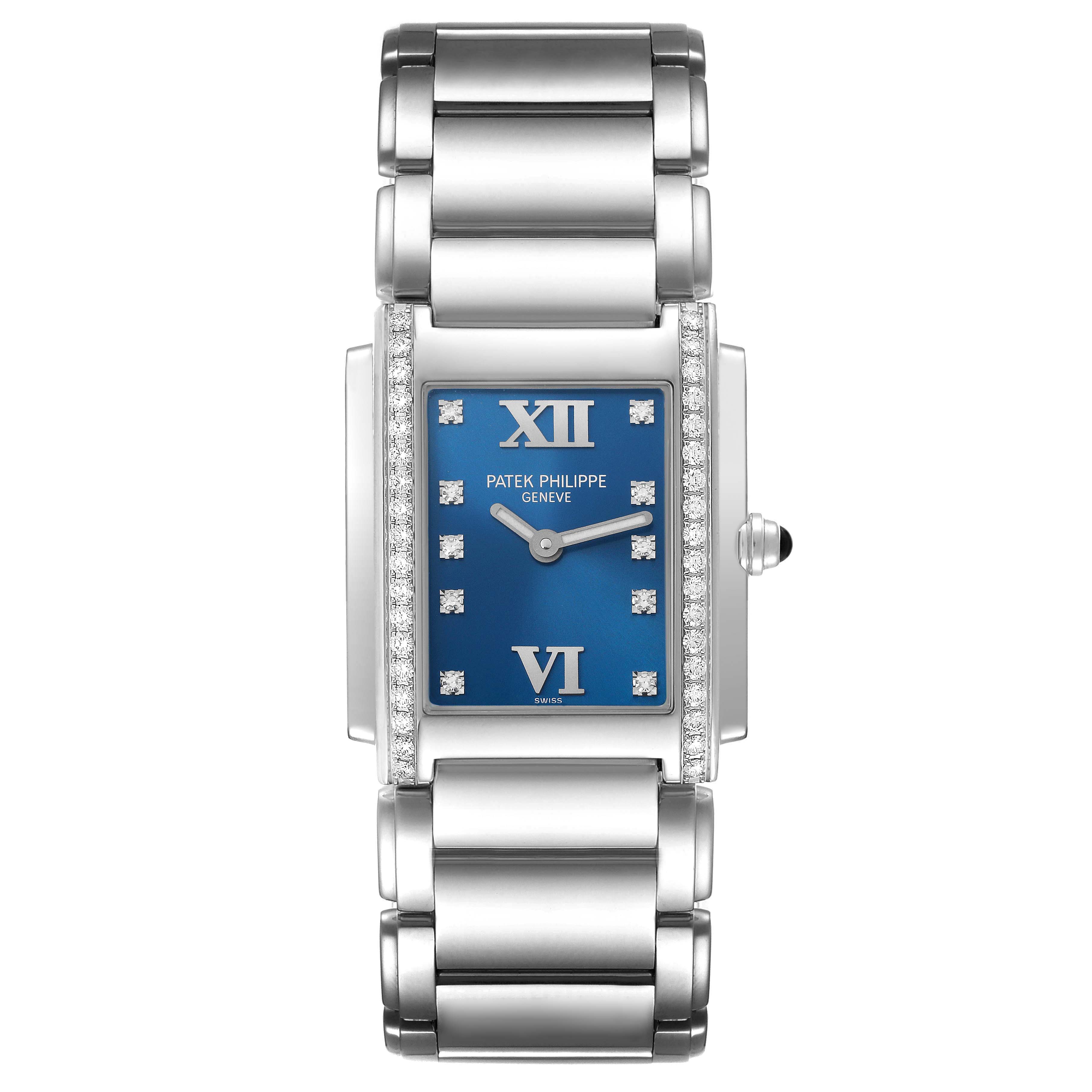 The image shows a front view of the Patek Philippe Twenty-4 4910/10A-012 Women's Stainless Steel Blue Dial 4910/10A-012 Women's Stainless Steel Blue Dial watch, highlighting its blue dial, diamond accents, and stainless steel bracelet.